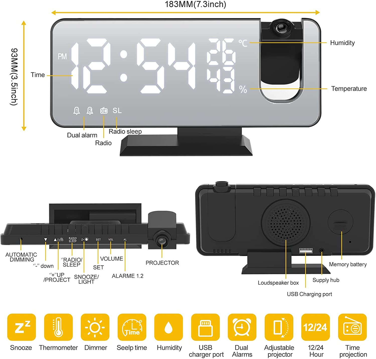 Digitale Projektionsuhr mit Maßen, Tasten und Symbolen für Wecker, Temperatur und USB.