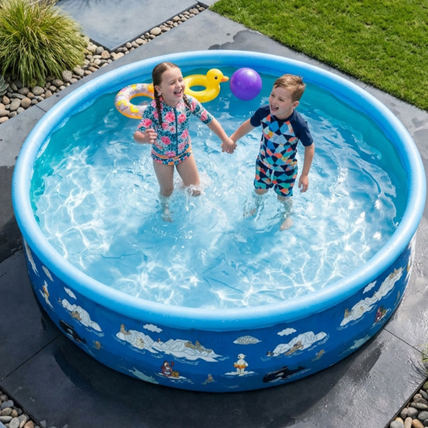 Zwei Kinder spielen glücklich und halten Händchen in einem runden blauen Planschbecken im Freien.