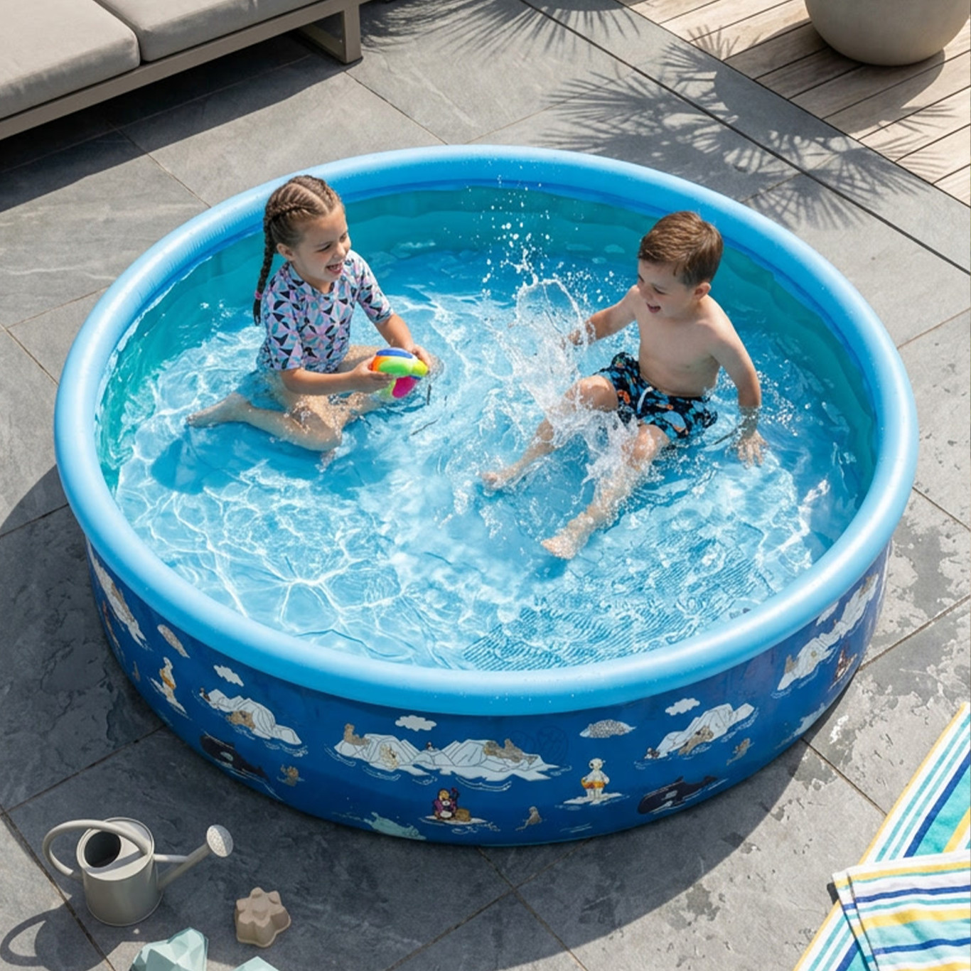 Zwei Kinder spielen glücklich in einem runden blauen Planschbecken und spritzen Wasser.