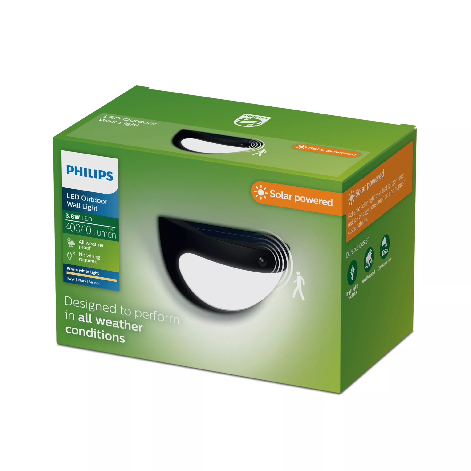 Grüne Philips Verpackung für eine solarbetriebene LED-Wandleuchte für den Außenbereich.