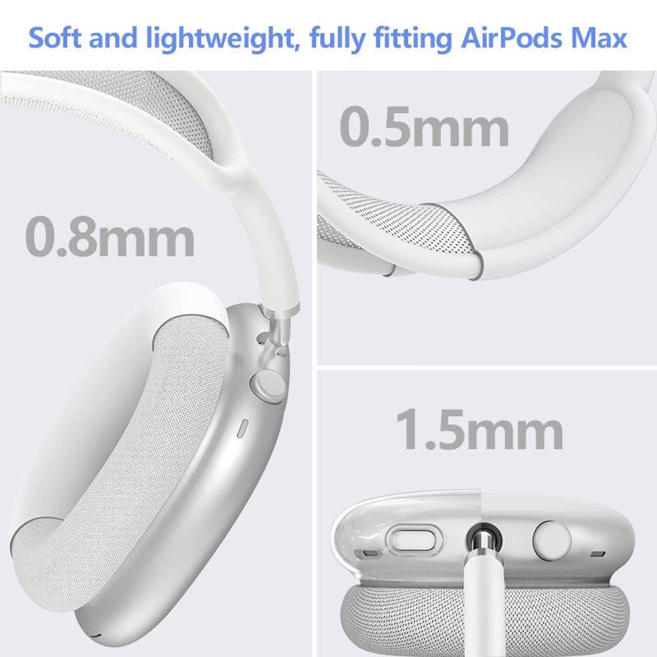 Verschiedene Ansichten von weißen AirPods Max mit Maßangaben für Materialstärken.