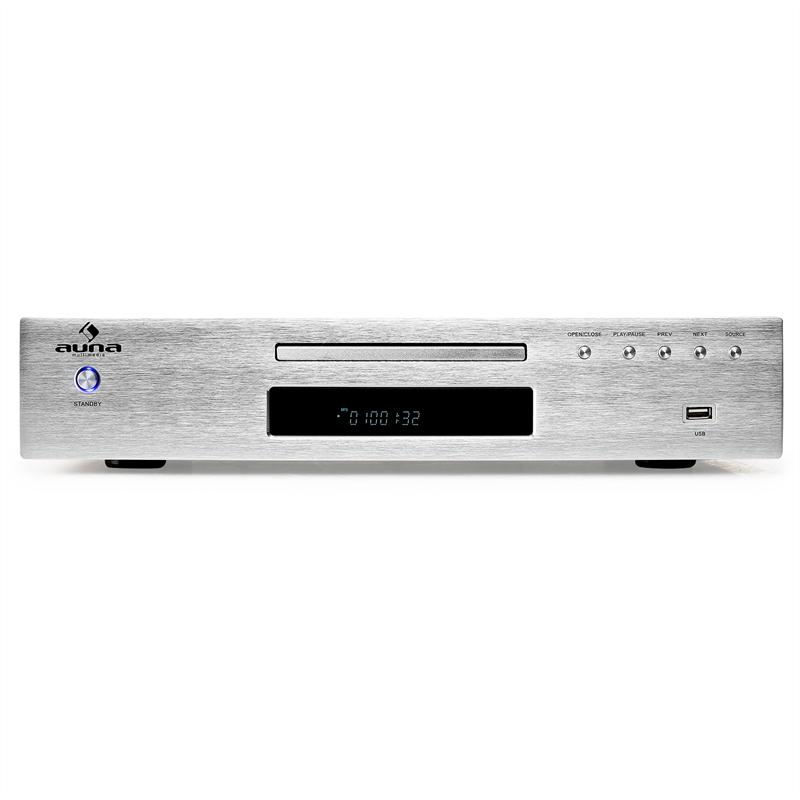 Ein silberner Auna CD-Player mit blau leuchtendem Standby-Knopf, Digitalanzeige und Bedienelementen.