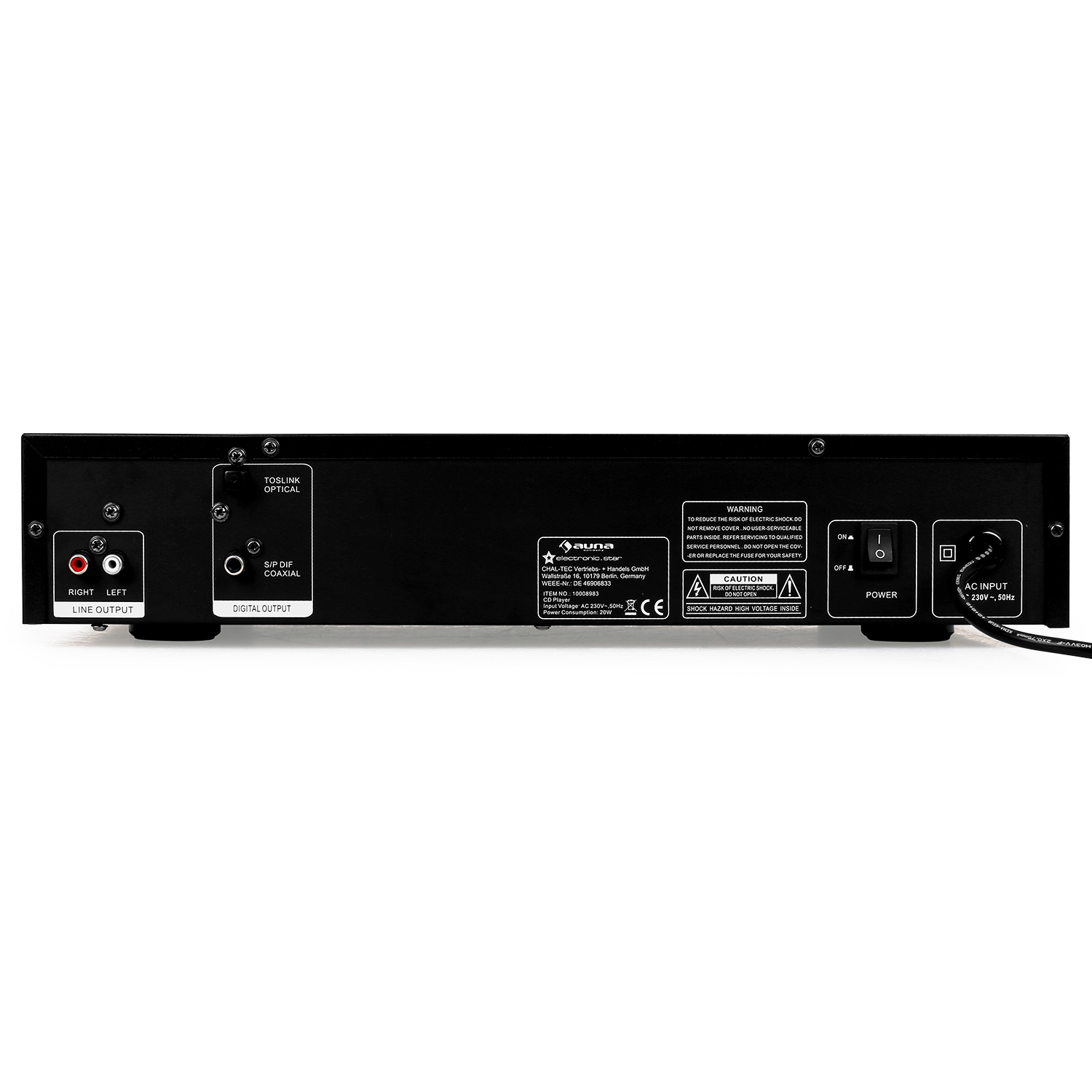 Rückseite eines schwarzen Audiogeräts mit Audioanschlüssen, Netzschalter, Warnhinweisen und Netzkabel.