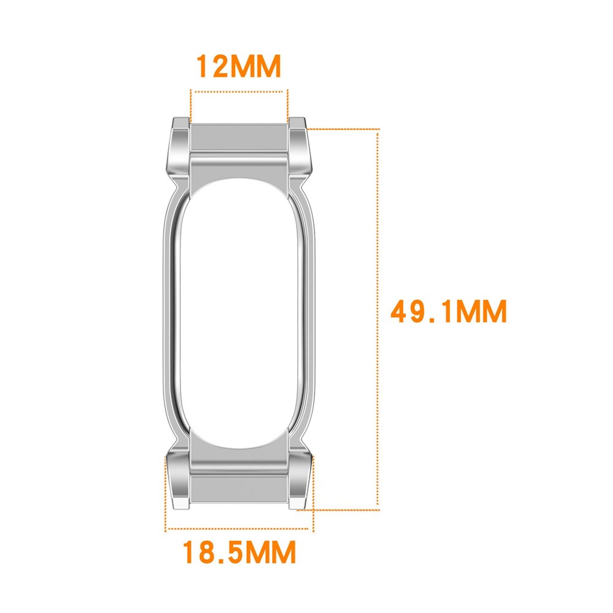 Diagramm eines silbernen Uhrengehäuses mit orangefarbenen Maßangaben von 12mm, 18,5mm und 49,1mm auf weißem Hintergrund.