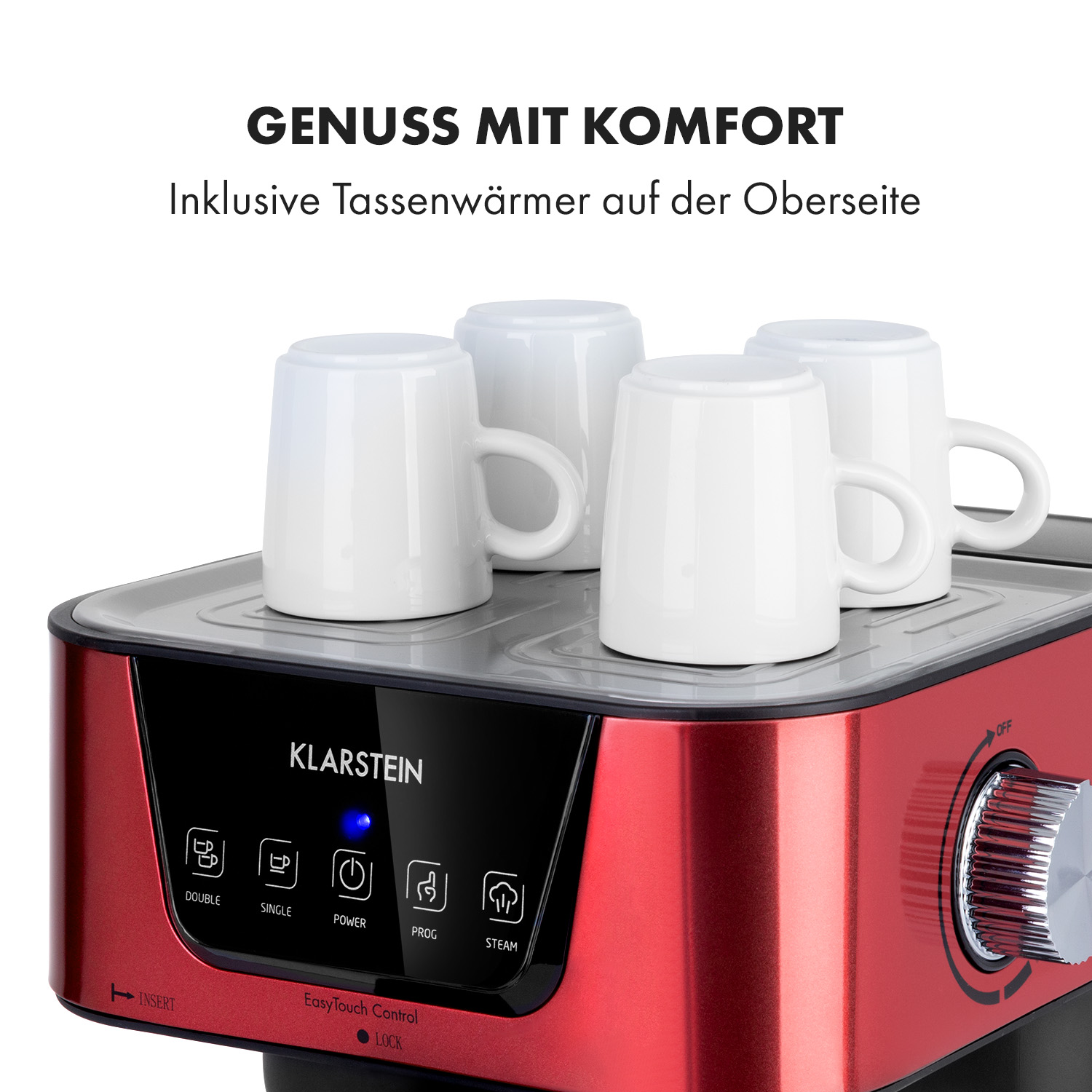 Rote Klarstein Kaffeemaschine mit vier weißen Tassen zum Wärmen oben und Touch-Steuerung.