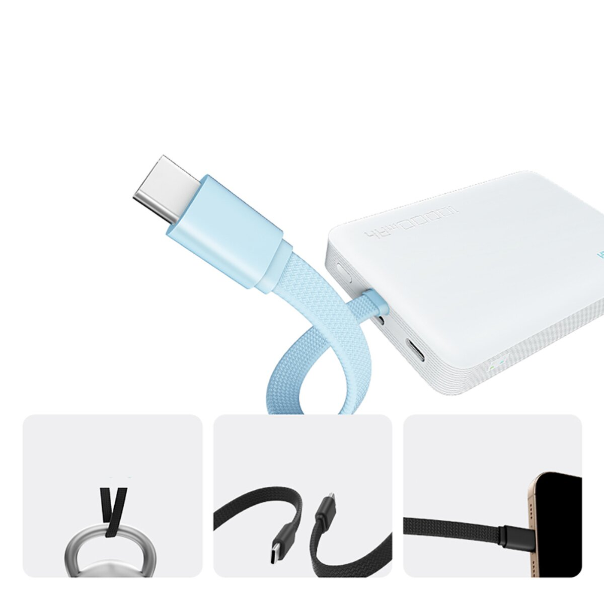 Eine weiße Powerbank mit einem hellblauen USB-C-Kabel; unten drei kleine Insets zeigen Details.