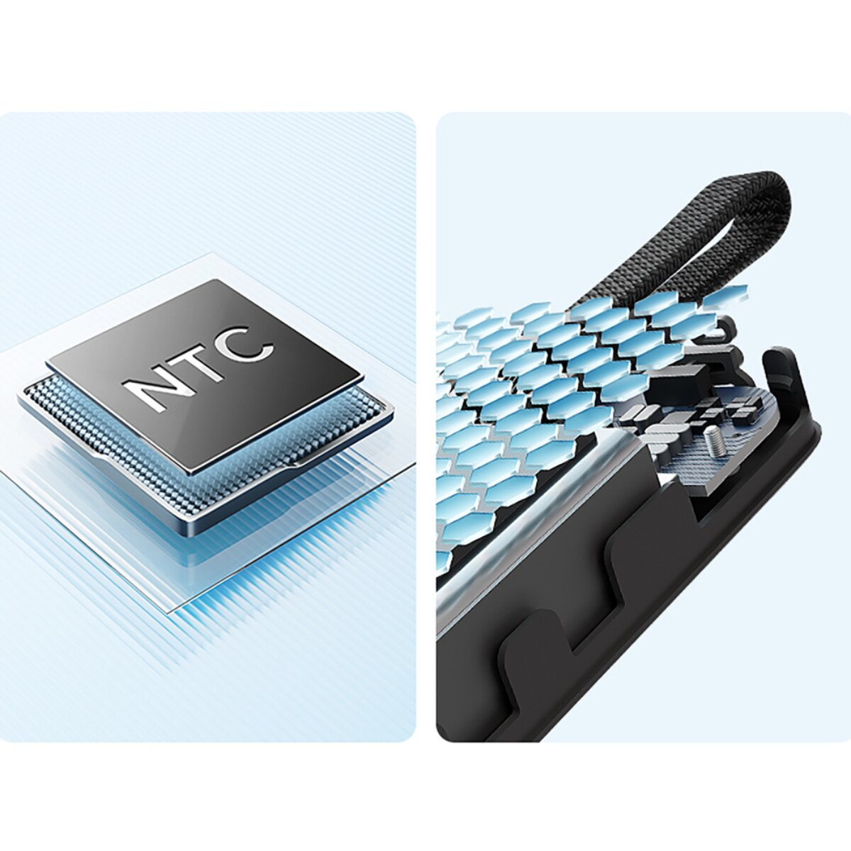 Links ein NTC-Chip auf blauem Hintergrund, rechts die technische Innenstruktur des Geräts.