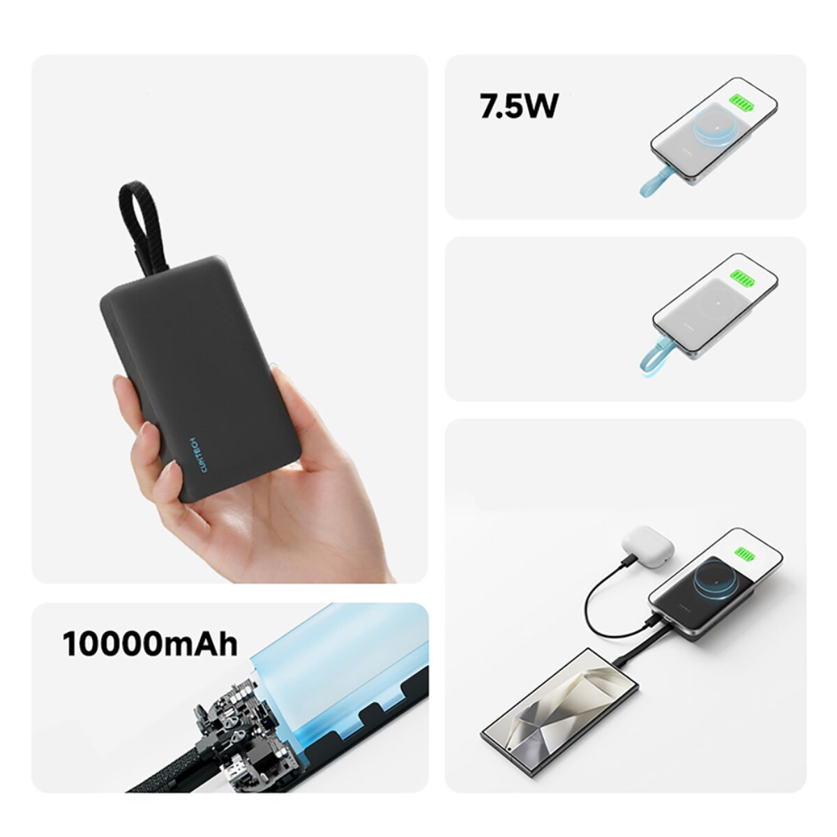 Hand hält eine schwarze Powerbank, daneben sind Lademöglichkeiten und das Innere mit 10000mAh dargestellt.