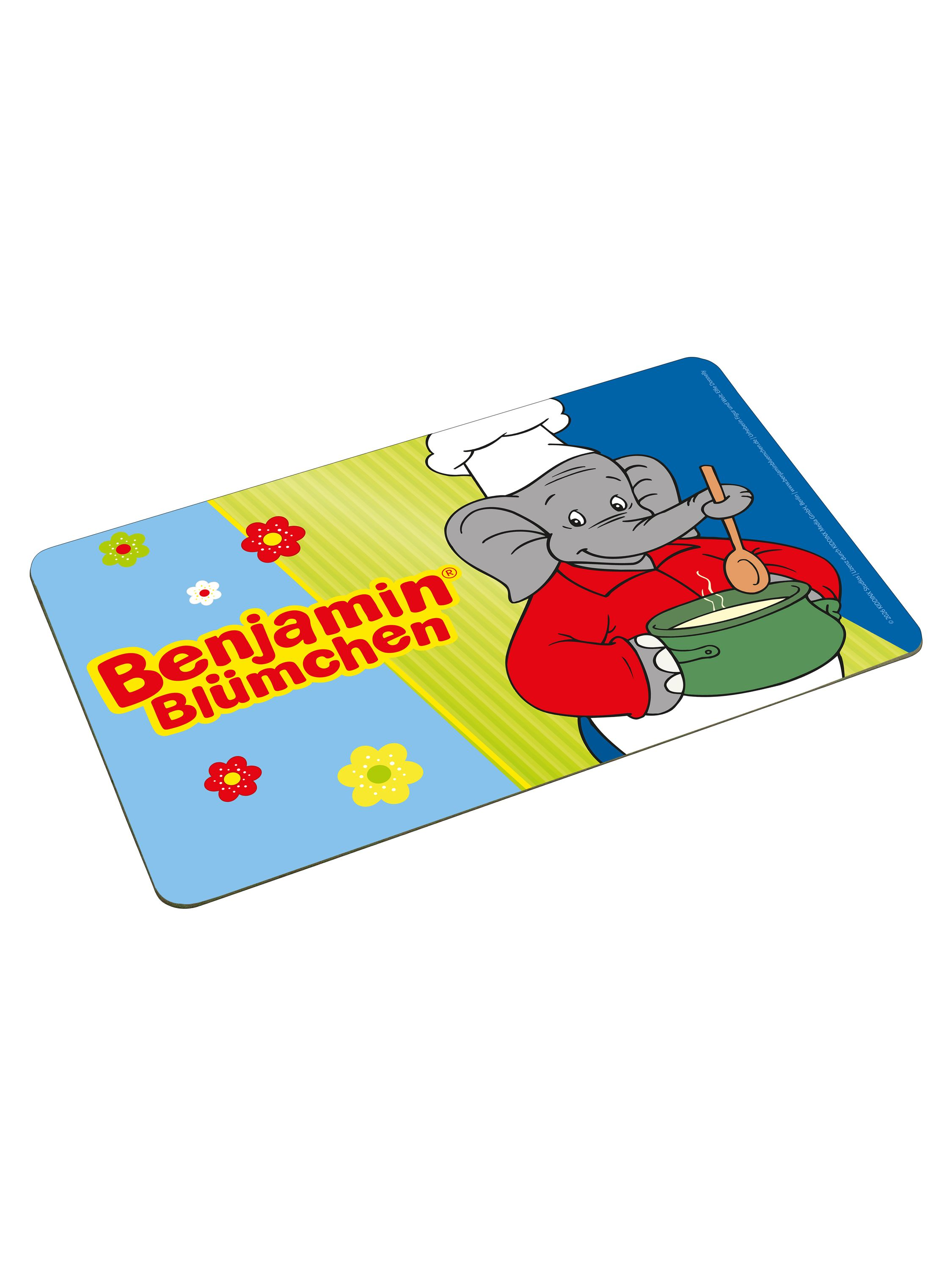 Benjamin Blümchen Tischset mit einer kochenden Elefanten-Illustration und bunten Blumen.