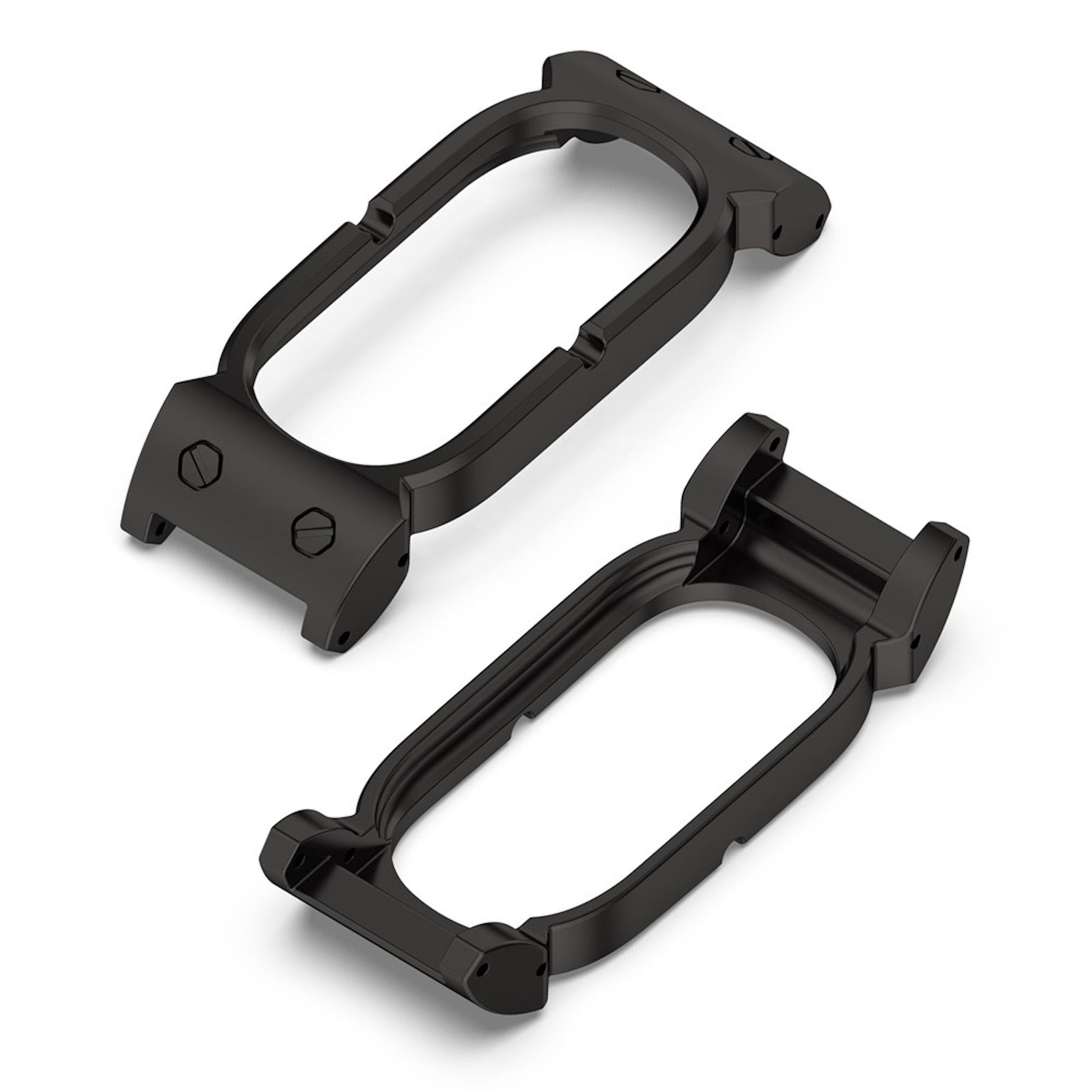 Zwei schwarze, ovale Metallhalterungen mit Schrauben auf weißem Grund.