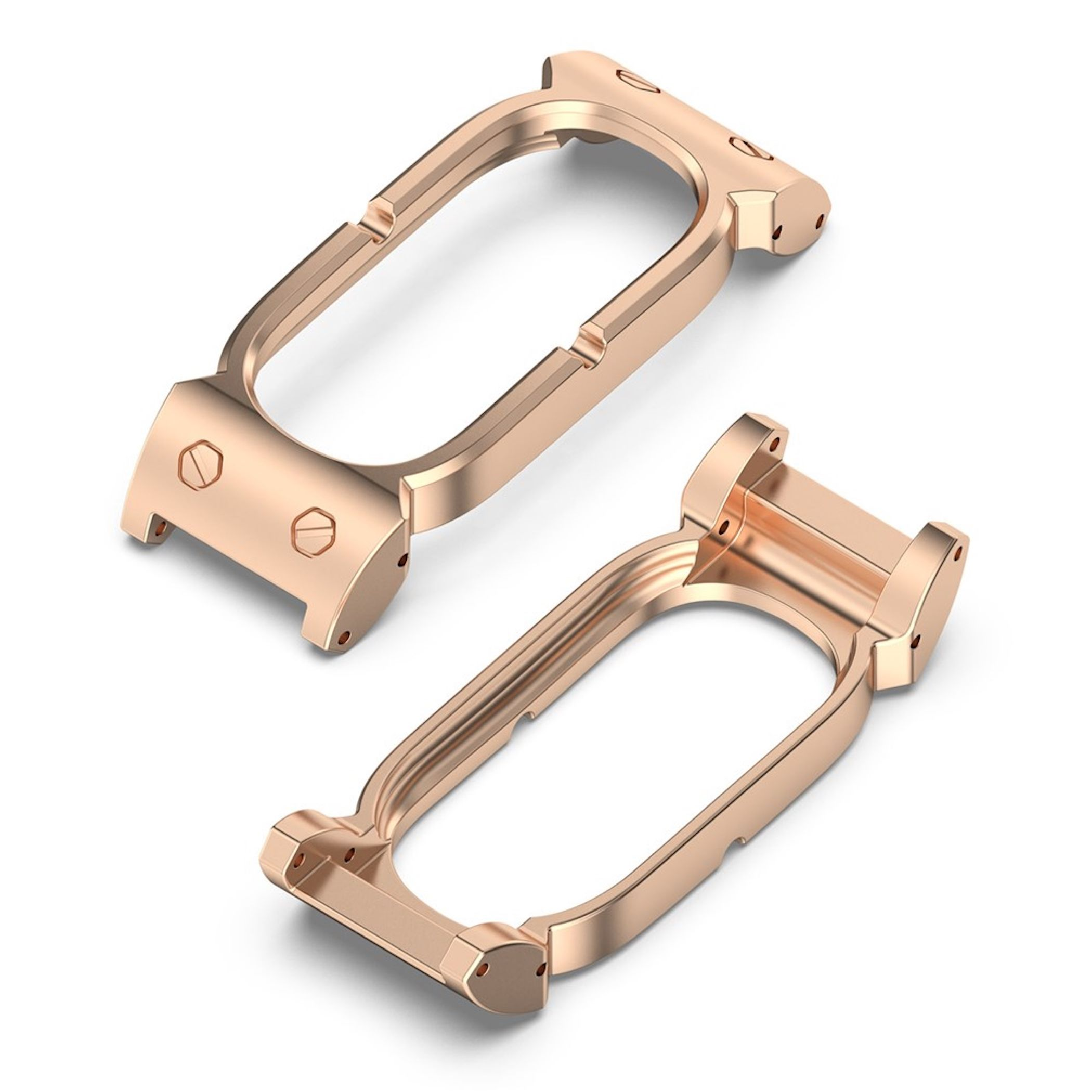 Zwei rosévergoldete Metallgehäuse für Smartwatch-Armbänder auf weißem Hintergrund.
