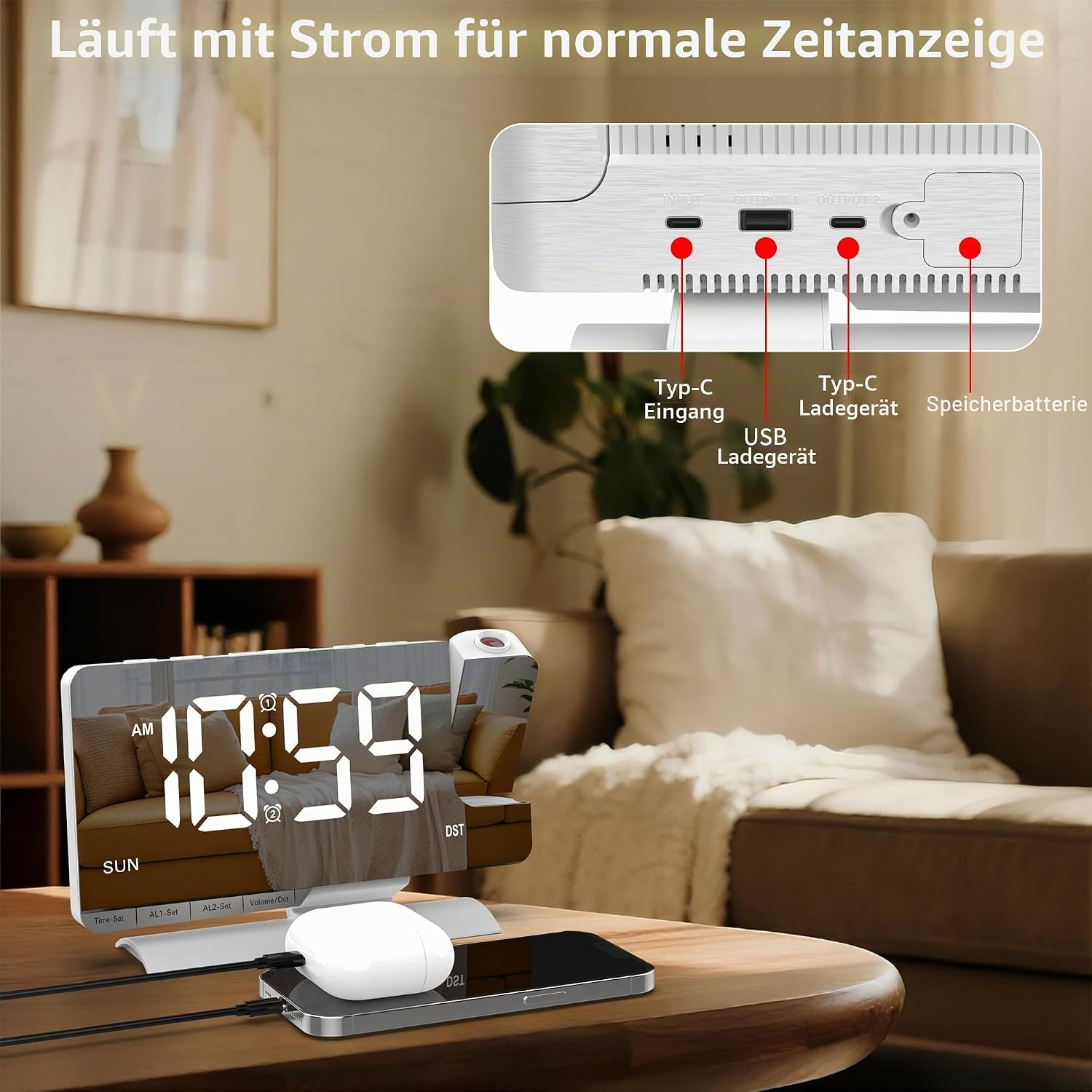 Spiegelwecker zeigt 10:59, mit Ladeanschlüssen hinten und einem Smartphone, das auf dem Holztisch lädt.
