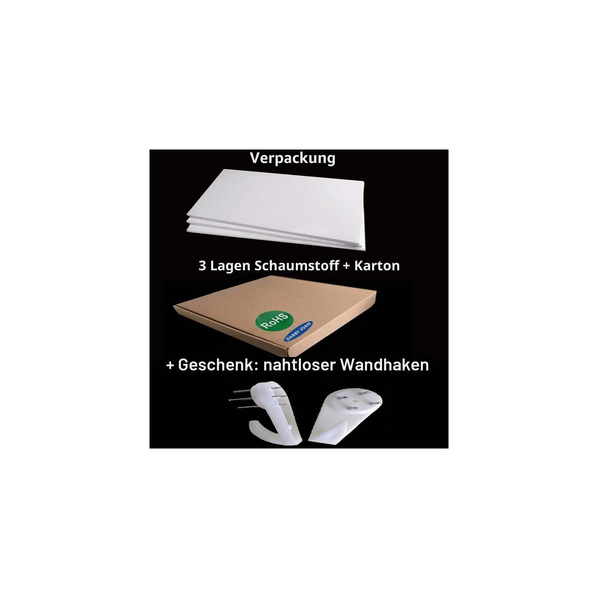 Verpackung mit drei Lagen Schaumstoff, Karton und gratis Wandhaken.