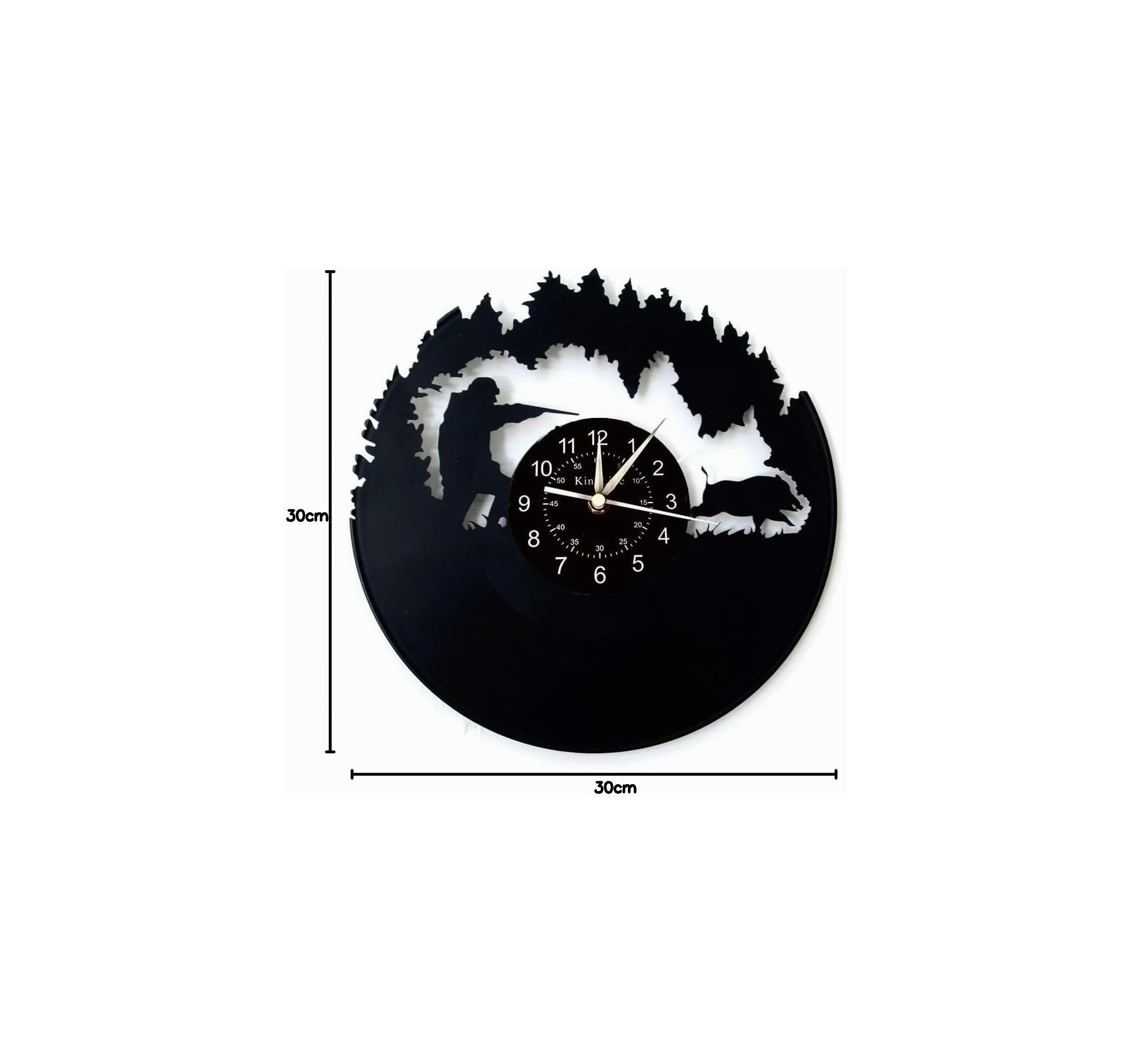 Schwarze Wanduhr, 30cm, mit Jagdmotiv im Wald, weißer Hintergrund.