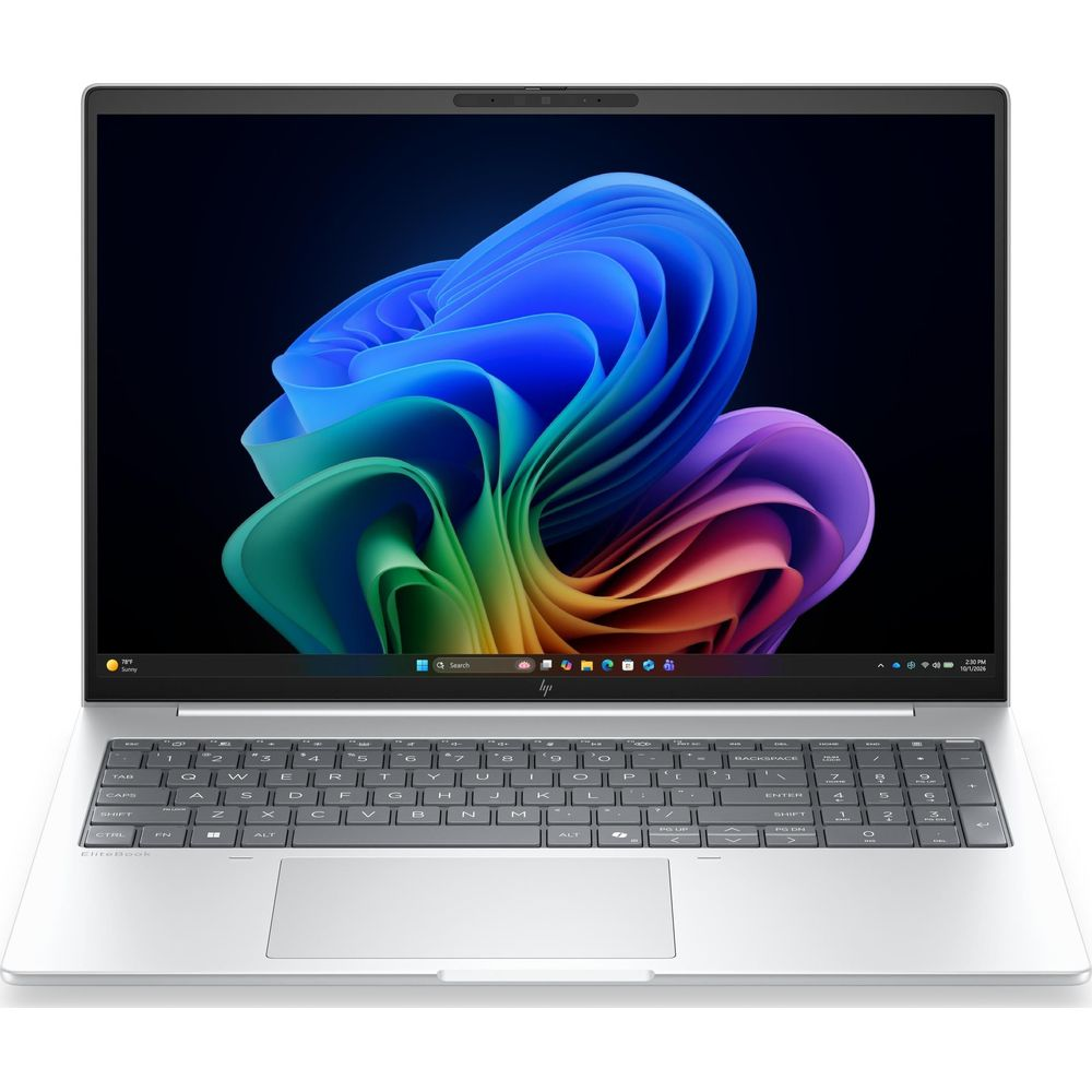 Silberner Laptop mit farbigem abstrakten Hintergrund auf dem Bildschirm und integrierter Tastatur.