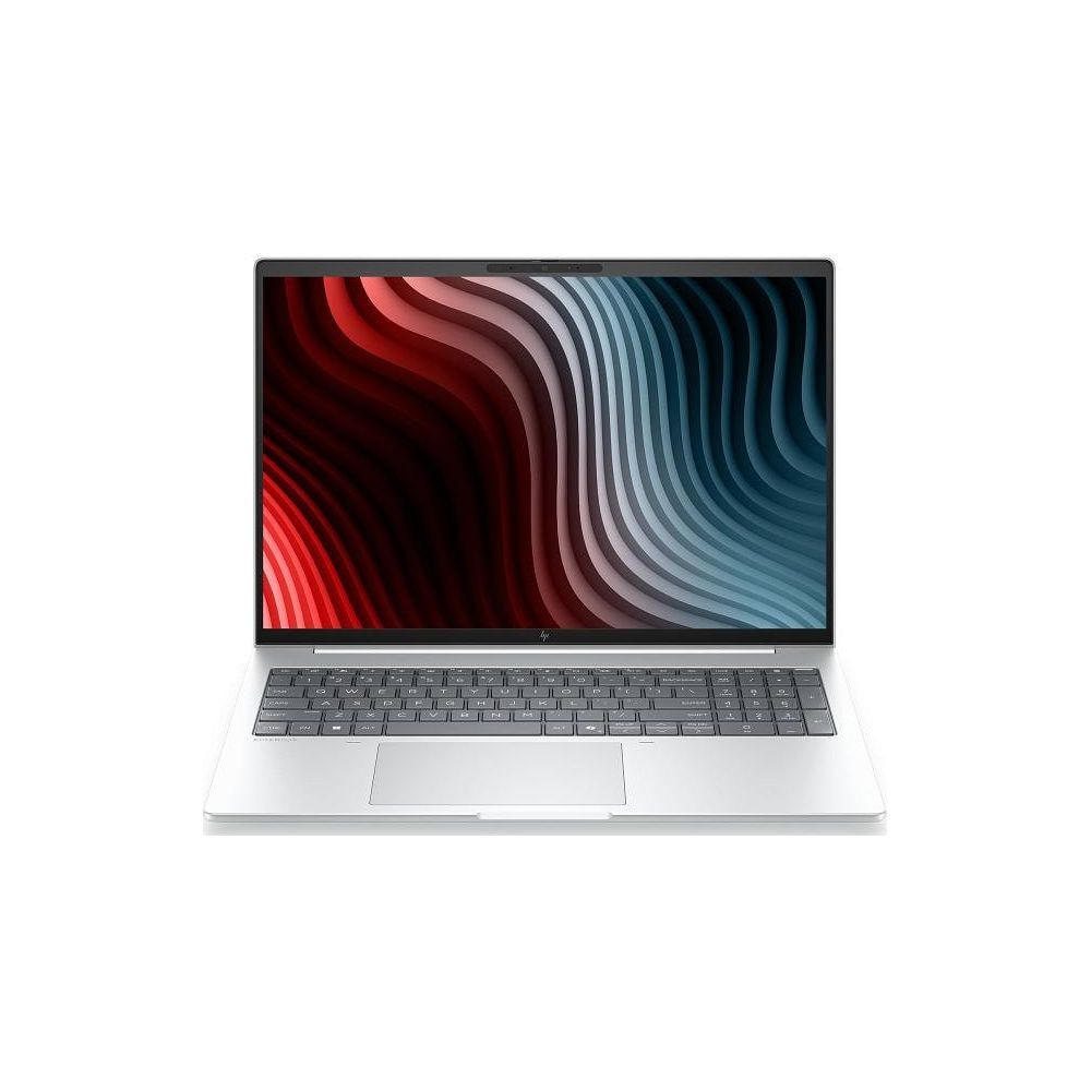 Ein silberner Laptop mit Tastatur und einem Bildschirm, der ein rot-weiß-blaues Wellenmuster zeigt.