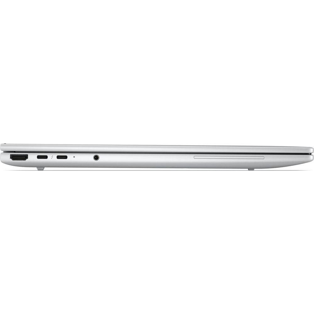 Seitenansicht eines silbernen Laptops mit Anschlüssen wie USB-C, HDMI und Kopfhörerbuchse.
