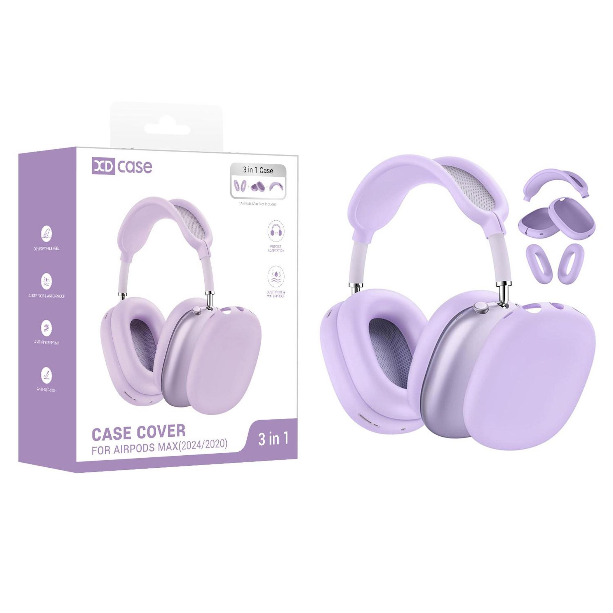 Lila farbene AirPods Max Kopfh örer mit einer passenden 3-in-1 Schutzhülle und Verpackung.