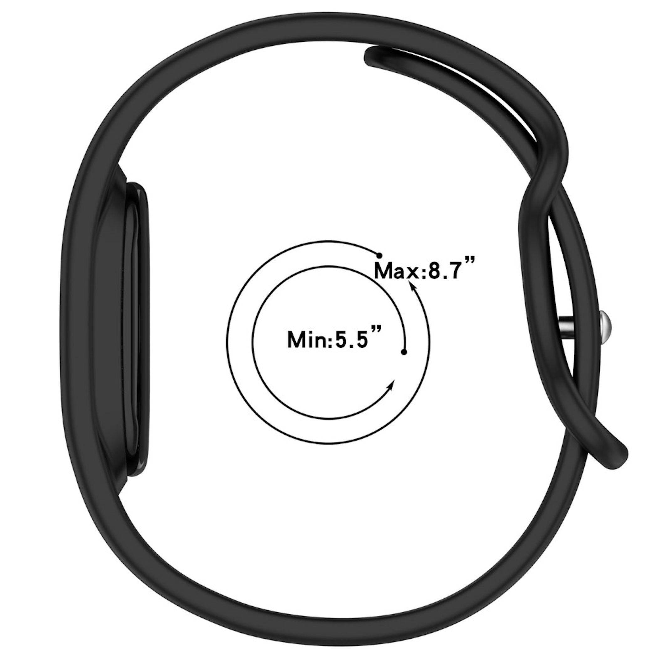 Schwarzes Fitnessarmband mit Größenangaben von Min 5.5 bis Max 8.7 Zoll im Zentrum.