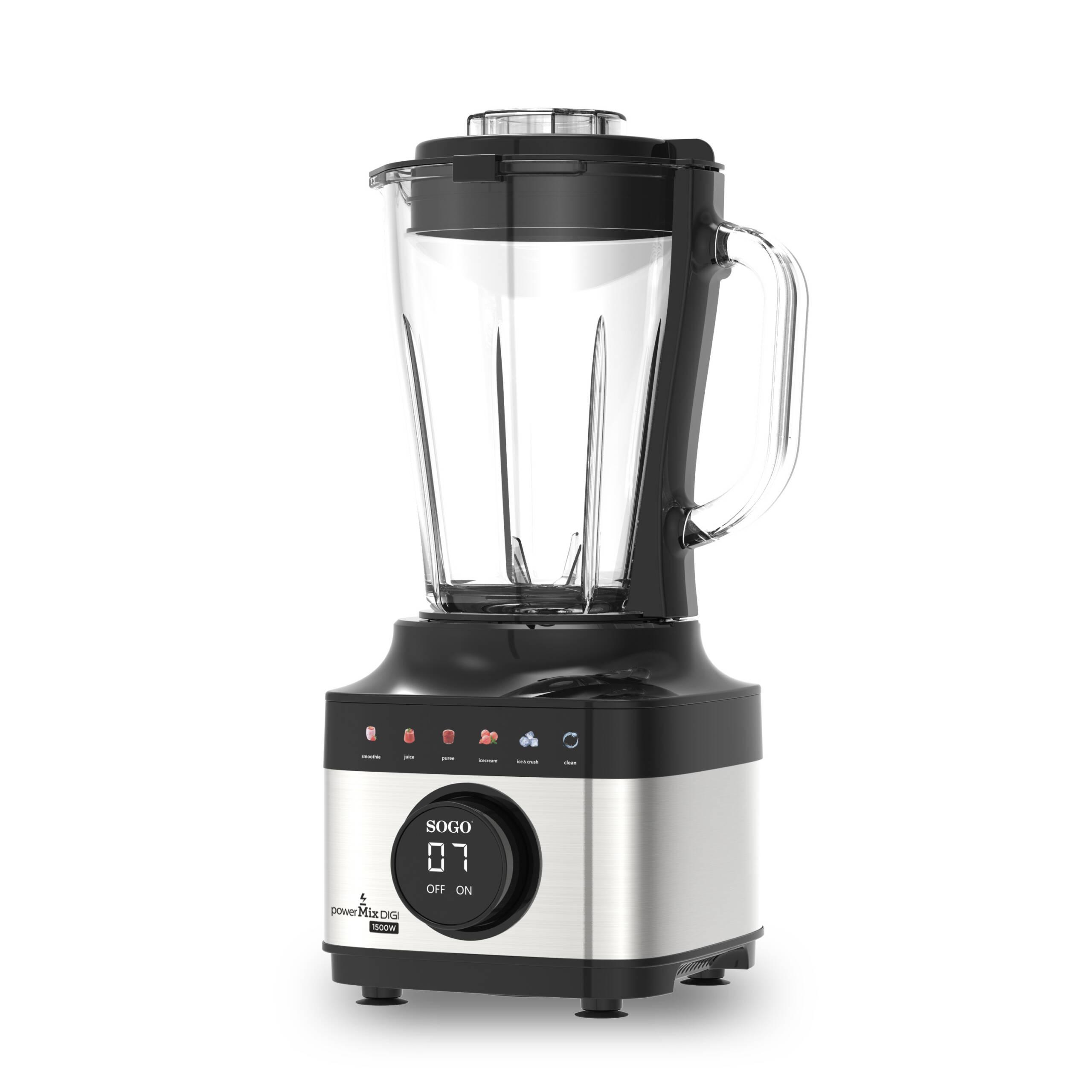Un frullatore Sogo Power Mix Digi nero e argento con display digitale e caraffa in vetro su sfondo bianco.