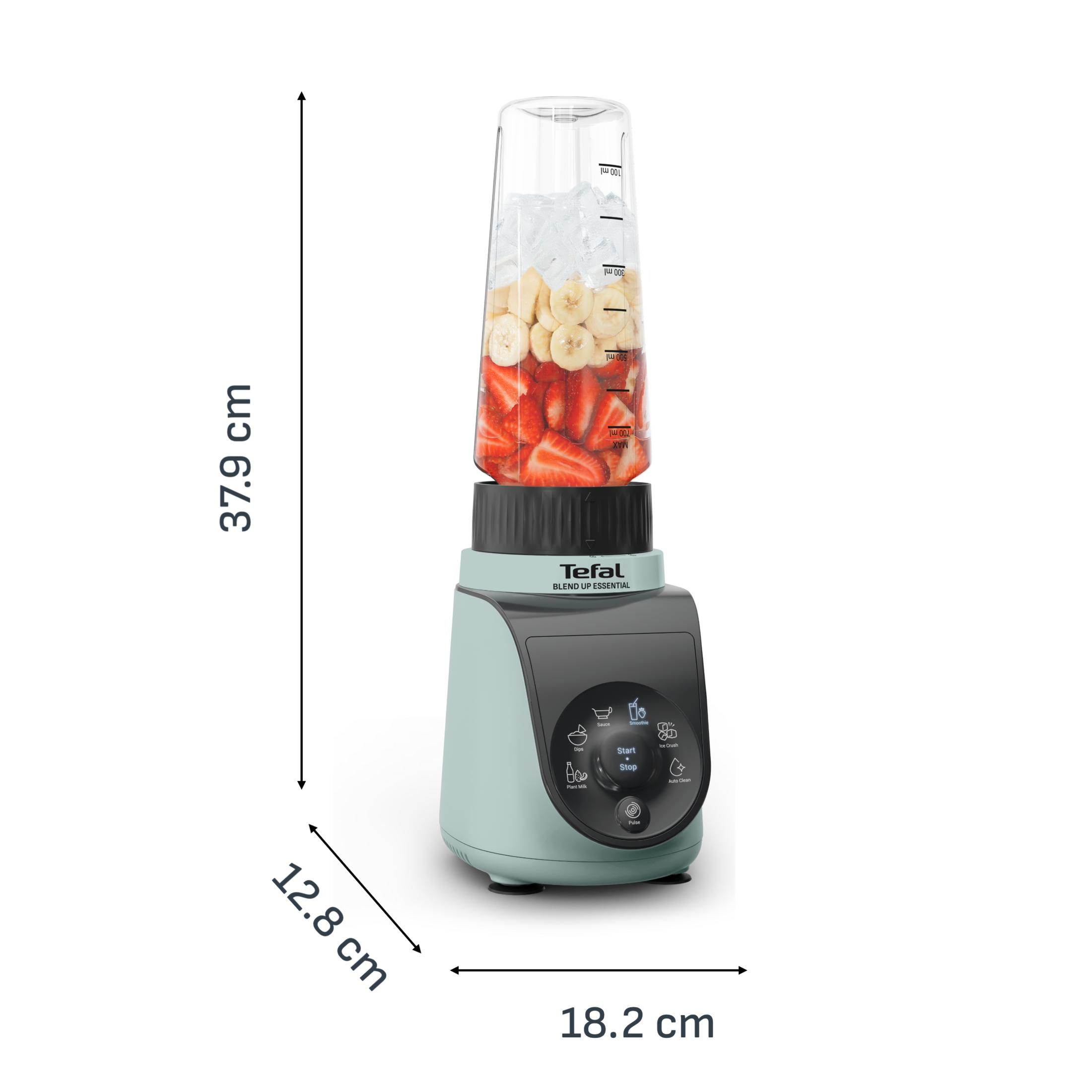 Frullatore Tefal con fragole, banane e ghiaccio, dimensioni 37,9x18,2x12,8 cm.