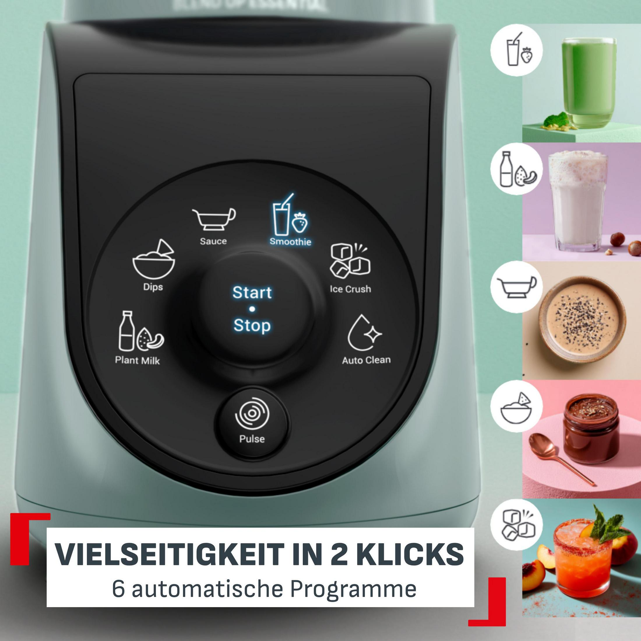 Pannello di controllo del frullatore con pulsante Start/Stop, tasto Pulse e icone per 6 programmi automatici.