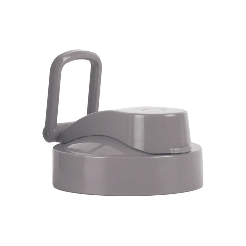Bouchon de bouteille en plastique gris avec une poignée de transport verticale sur fond blanc.