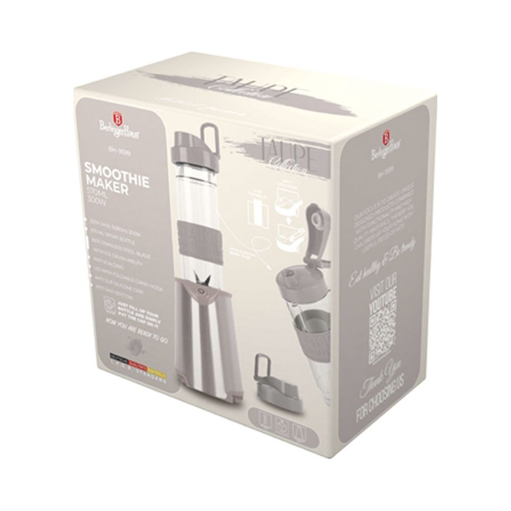 Emballage d'un blender smoothie beige Berlinger Haus, affichant une image de l'appareil et des détails.