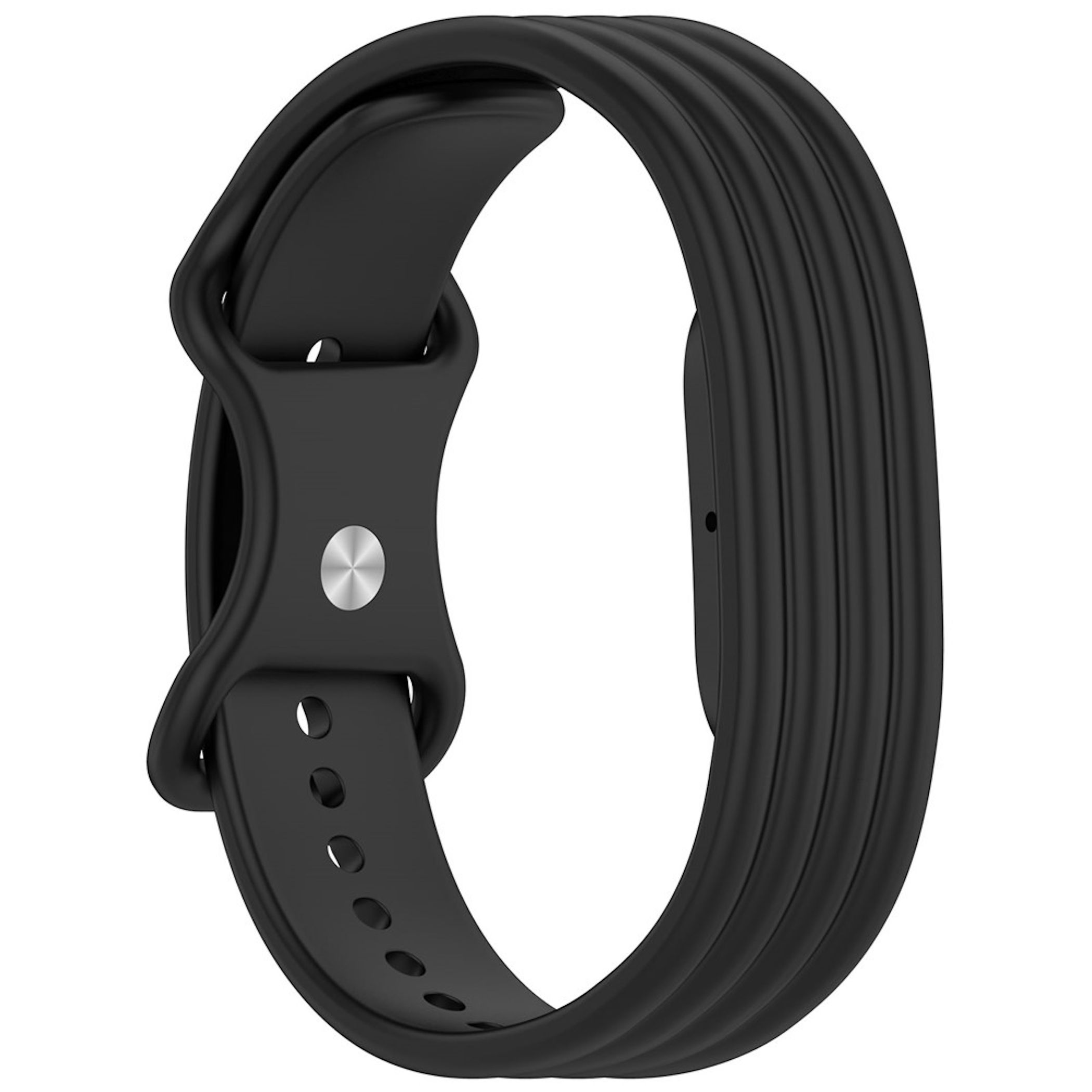 Ein schwarzes Silikon-Smartwatch-Armband mit einem silbernen Metallknopf vor weißem Hintergrund.