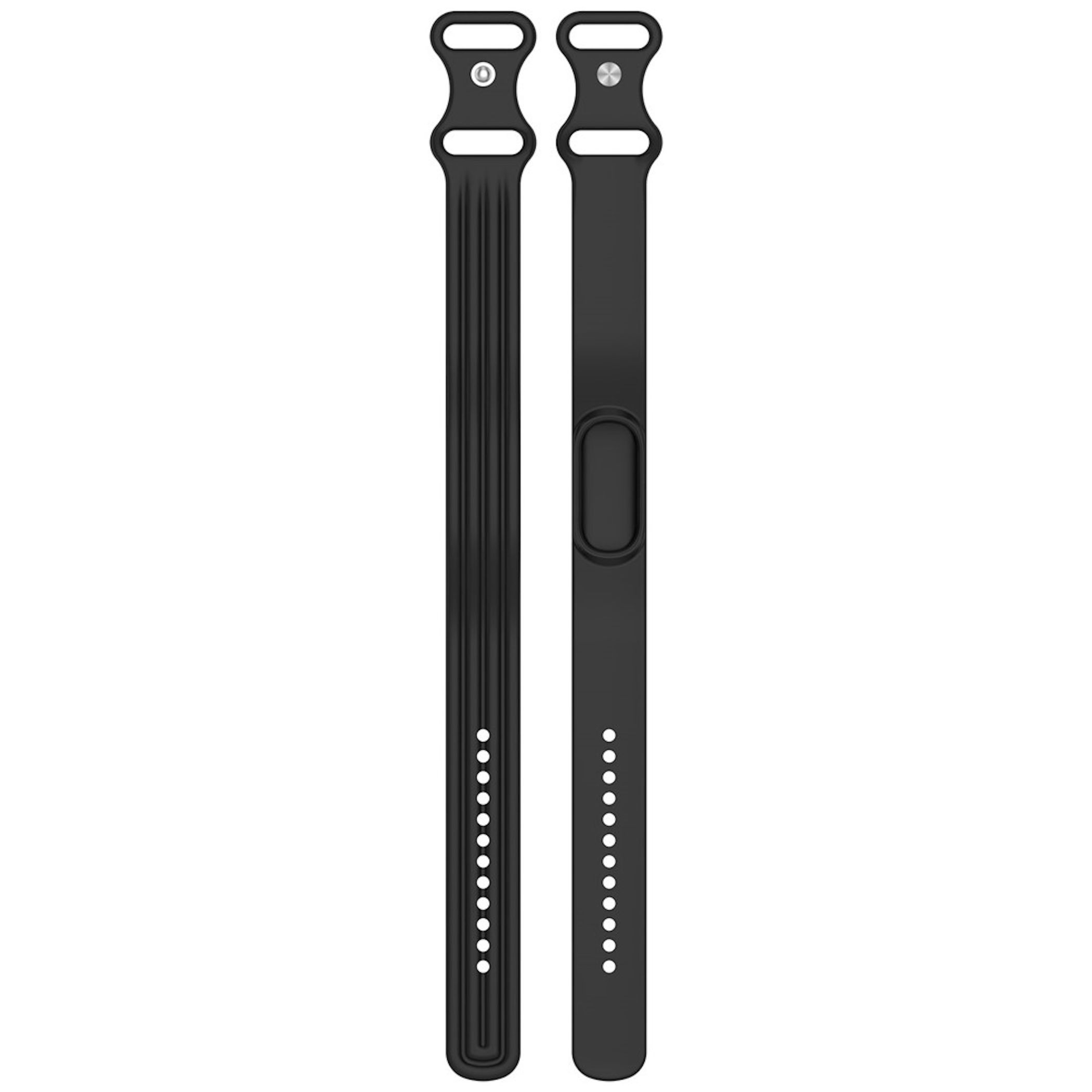 Zwei schwarze Sportarmbänder mit Rillen und Verstelllöchern vor weißem Hintergrund.