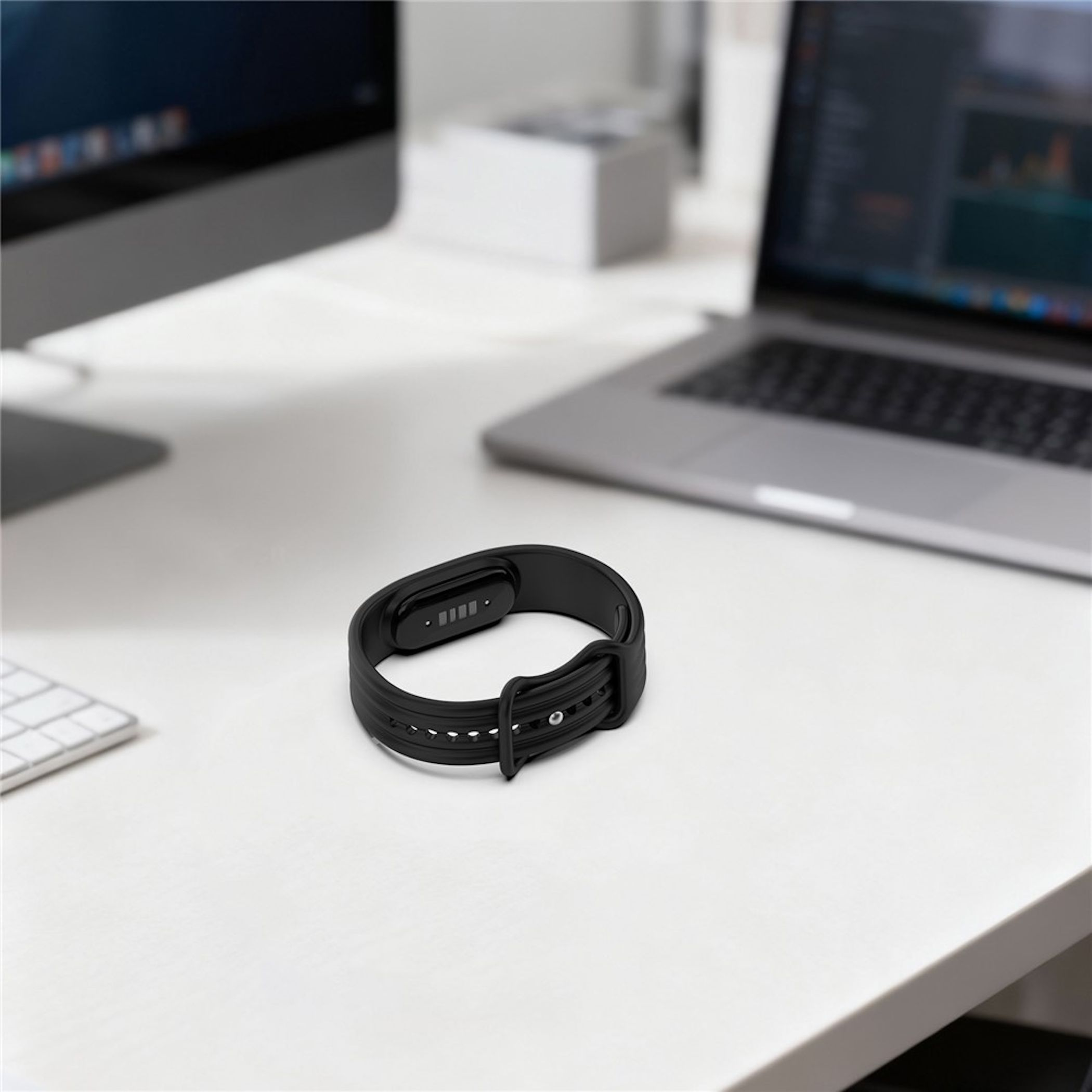 Ein schwarzes Fitnessarmband liegt auf einem weißen Schreibtisch, umgeben von Computern und einer Tastatur.