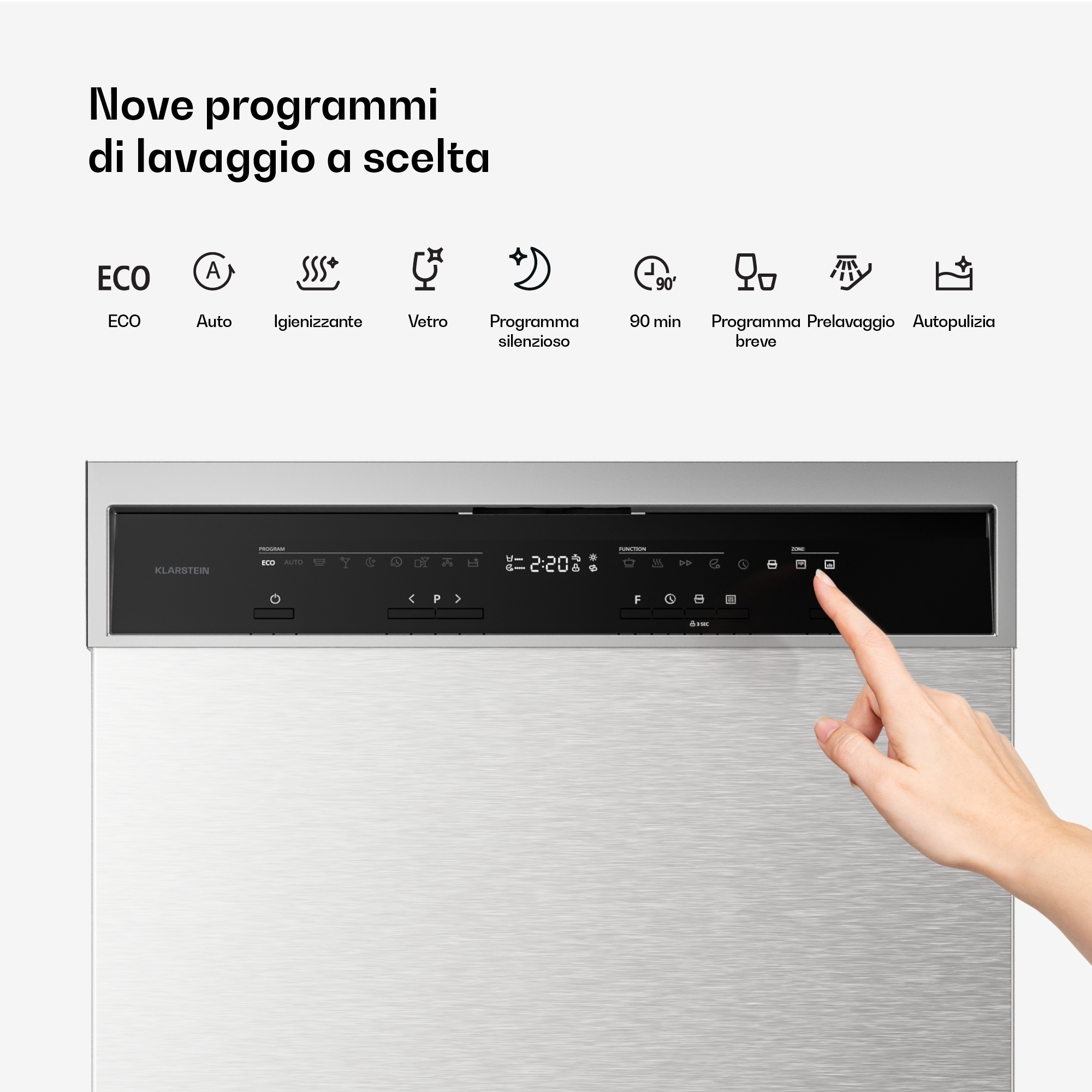 Hand bedient das Touch-Display einer Edelstahl-Geschirrspülmaschine mit neun Programmsymbolen oben.