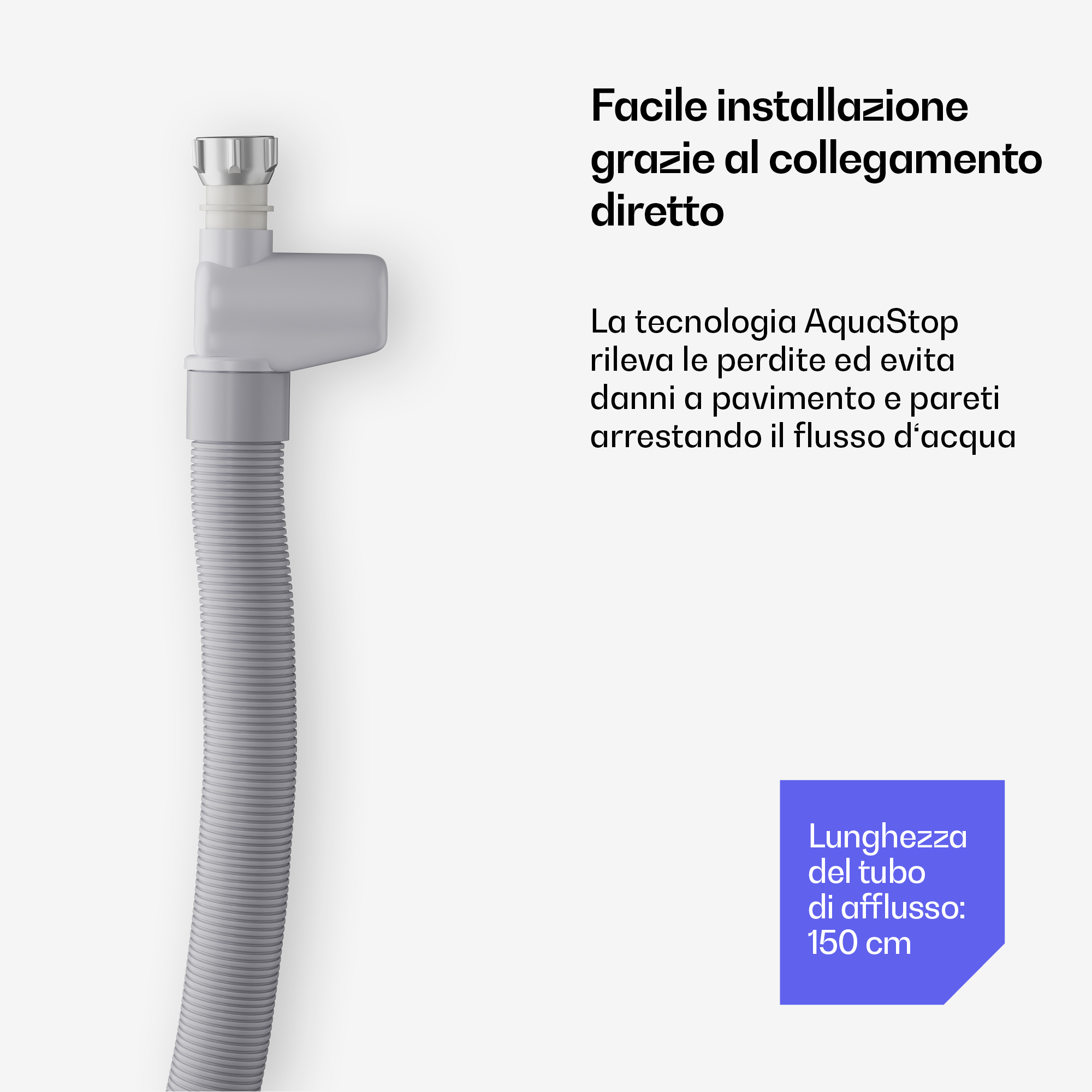 Grauer AquaStop-Zulaufschlauch auf weißem Grund mit italienischem Text zu Eigenschaften und 150 cm Länge.