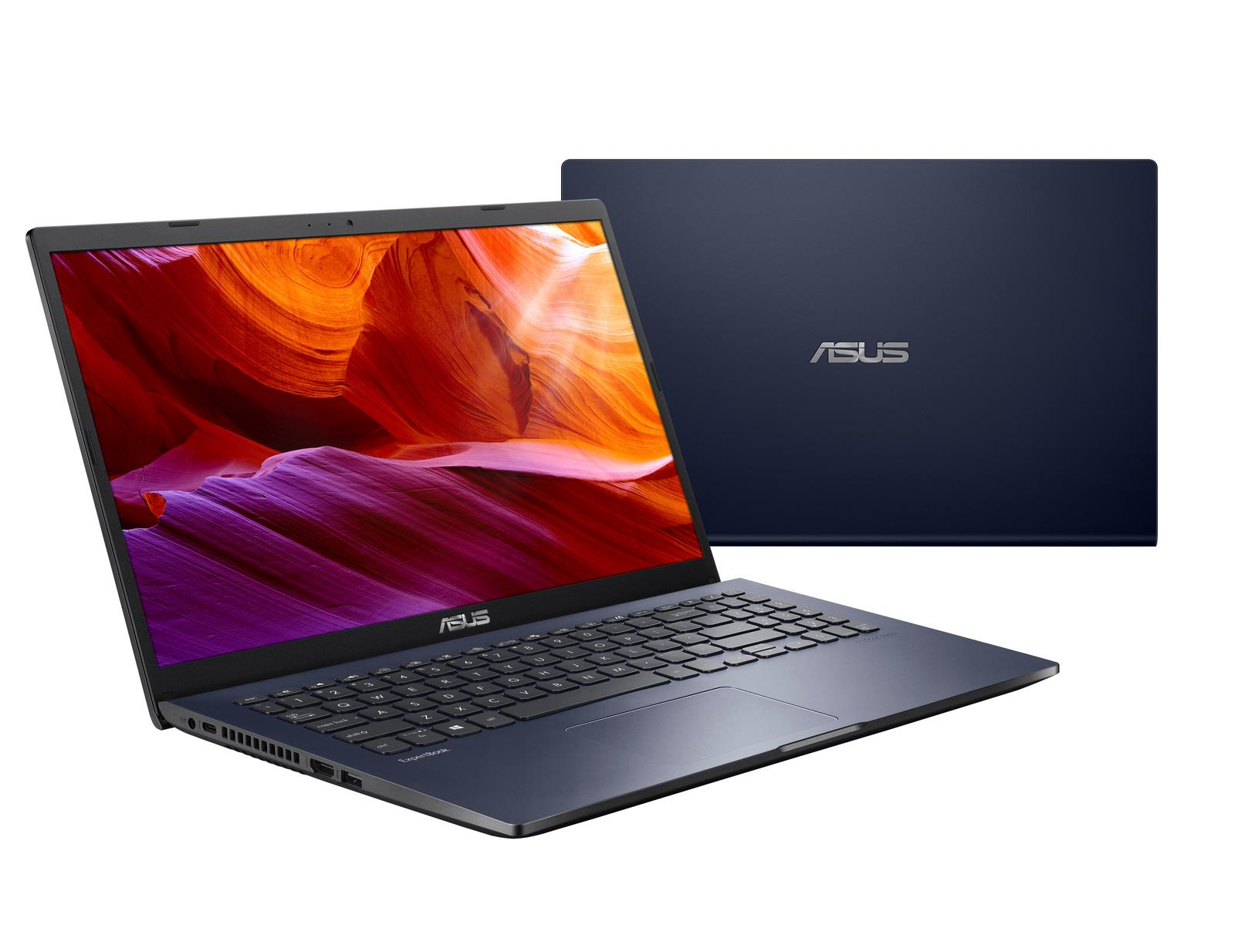Zwei blaue ASUS Laptops vor weißem Hintergrund, einer aufgeklappt mit buntem Bildschirm und einer zugeklappt.