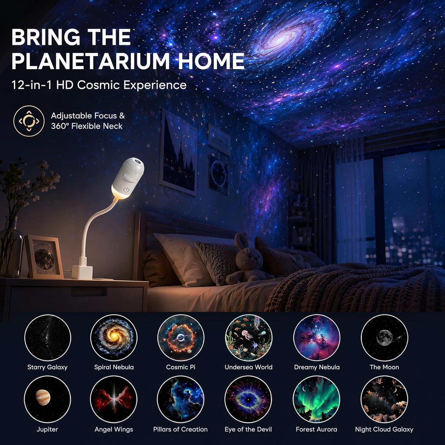 Ein Galaxy-Projektor auf einem Nachttisch beleuchtet ein Schlafzimmer mit Sternen und Nebeln.