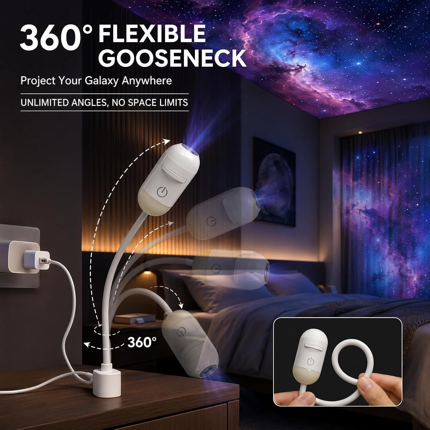 Flexible Galaxy-Projektorlampe auf einem Nachttisch mit 360-Grad-Ausrichtung und Sternenhimmel-Projektion an Decke.