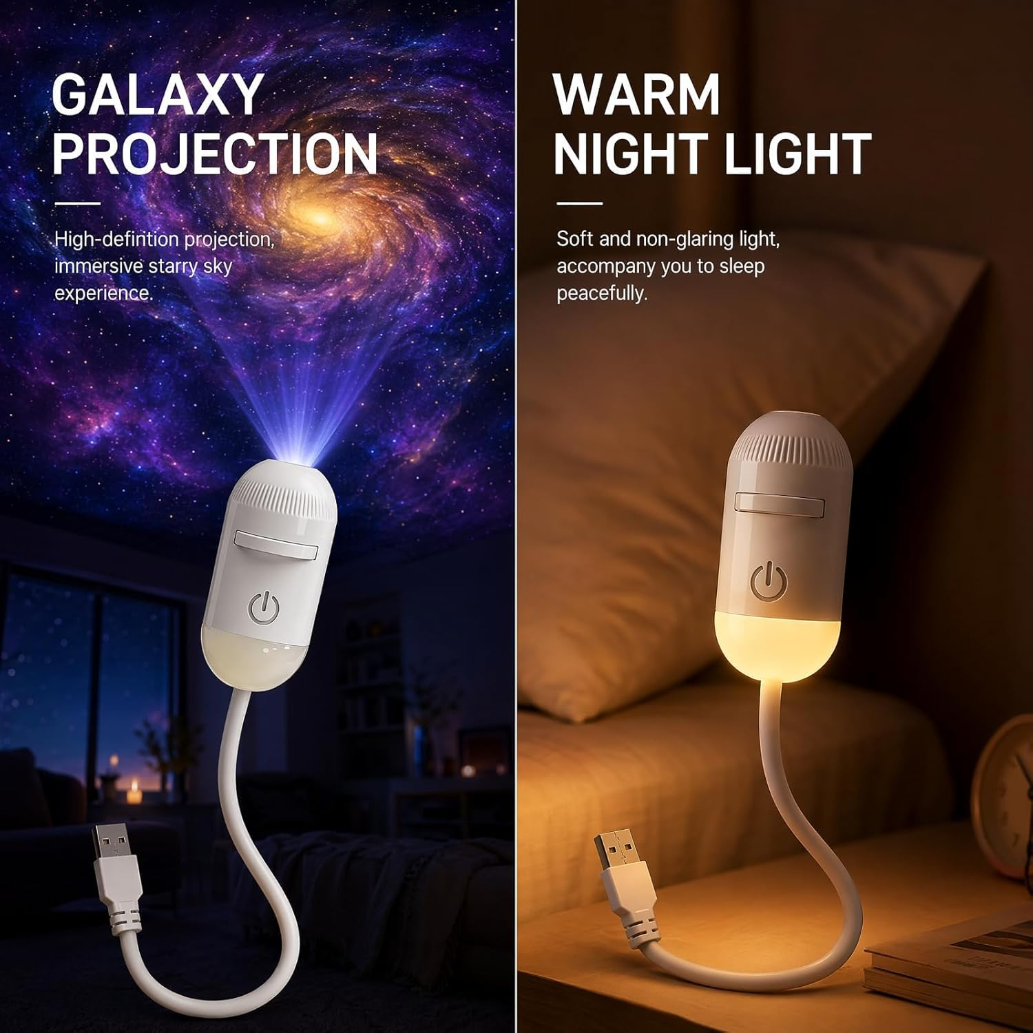 Eine flexible USB-Lampe zeigt links eine Galaxie-Projektion und rechts ein warmes Nachtlicht.