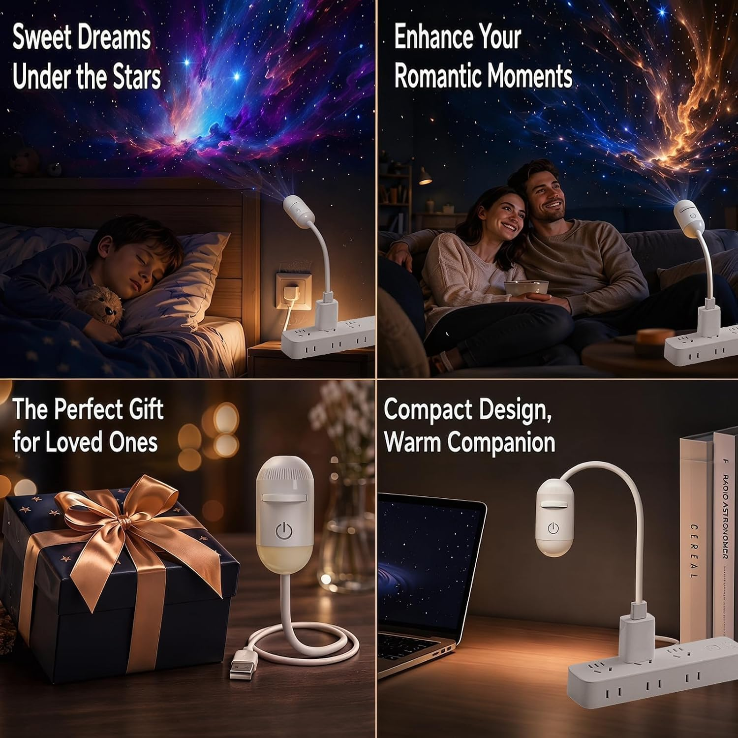 Vier Bilder zeigen eine flexible USB-Sternenlicht-Lampe in verschiedenen Szenarien: Kinderzimmer, Wohnzimmer, Geschenk und Schreibtisch.