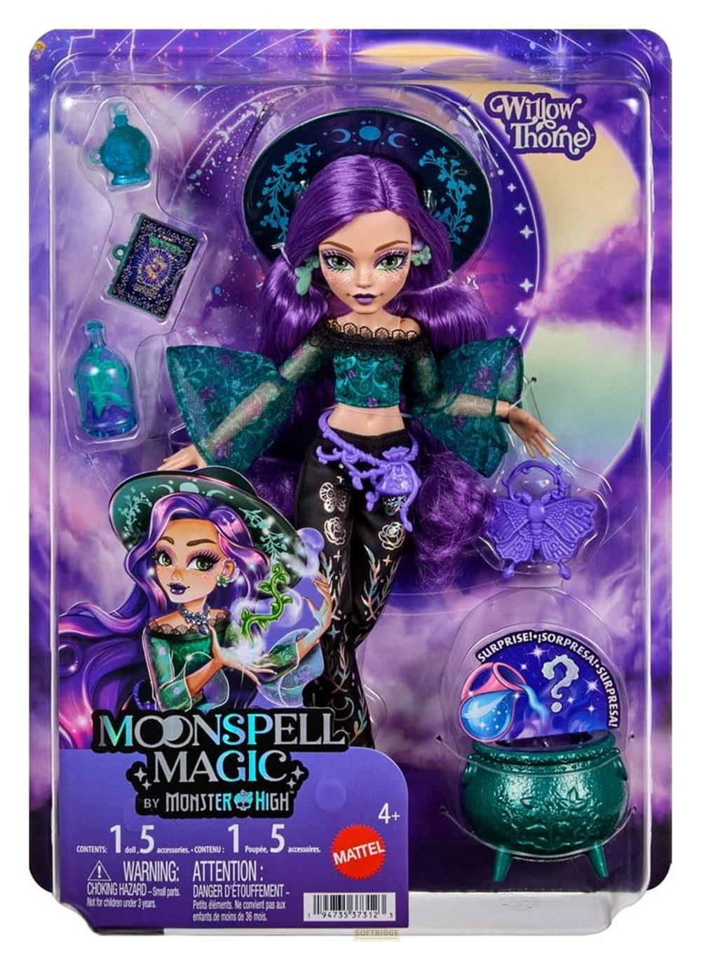 Moonspell Magic Monster High Puppe mit violetten Haaren und Zubehoer in Verpackung vor Mondhintergrund.
