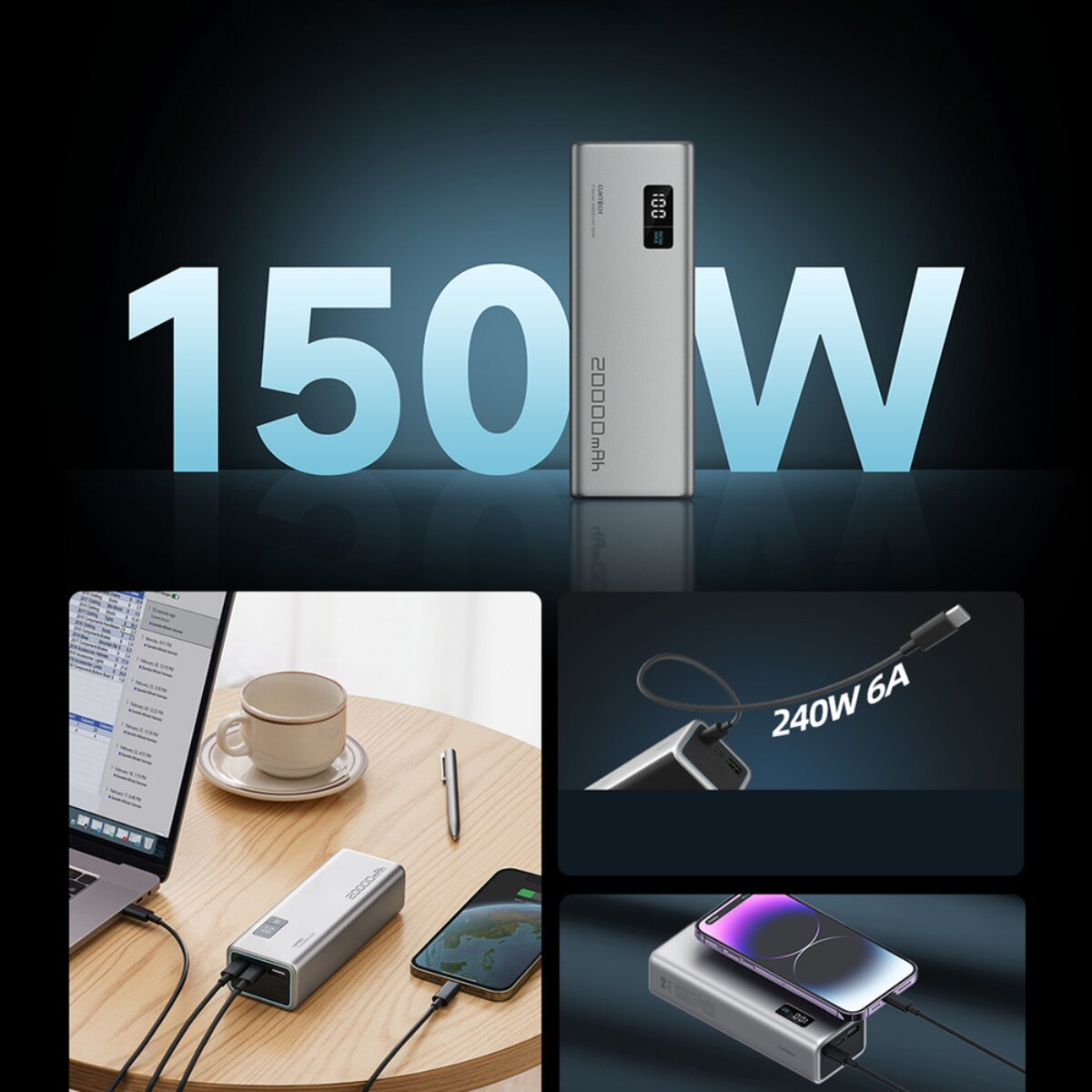 Un power bank Cuktech 150W argento con display digitale, cavi di ricarica e scene d'uso.