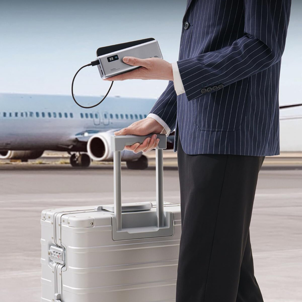 Una persona in abito gessato tiene un power bank e una valigia con ruote sulla pista con un aereo.