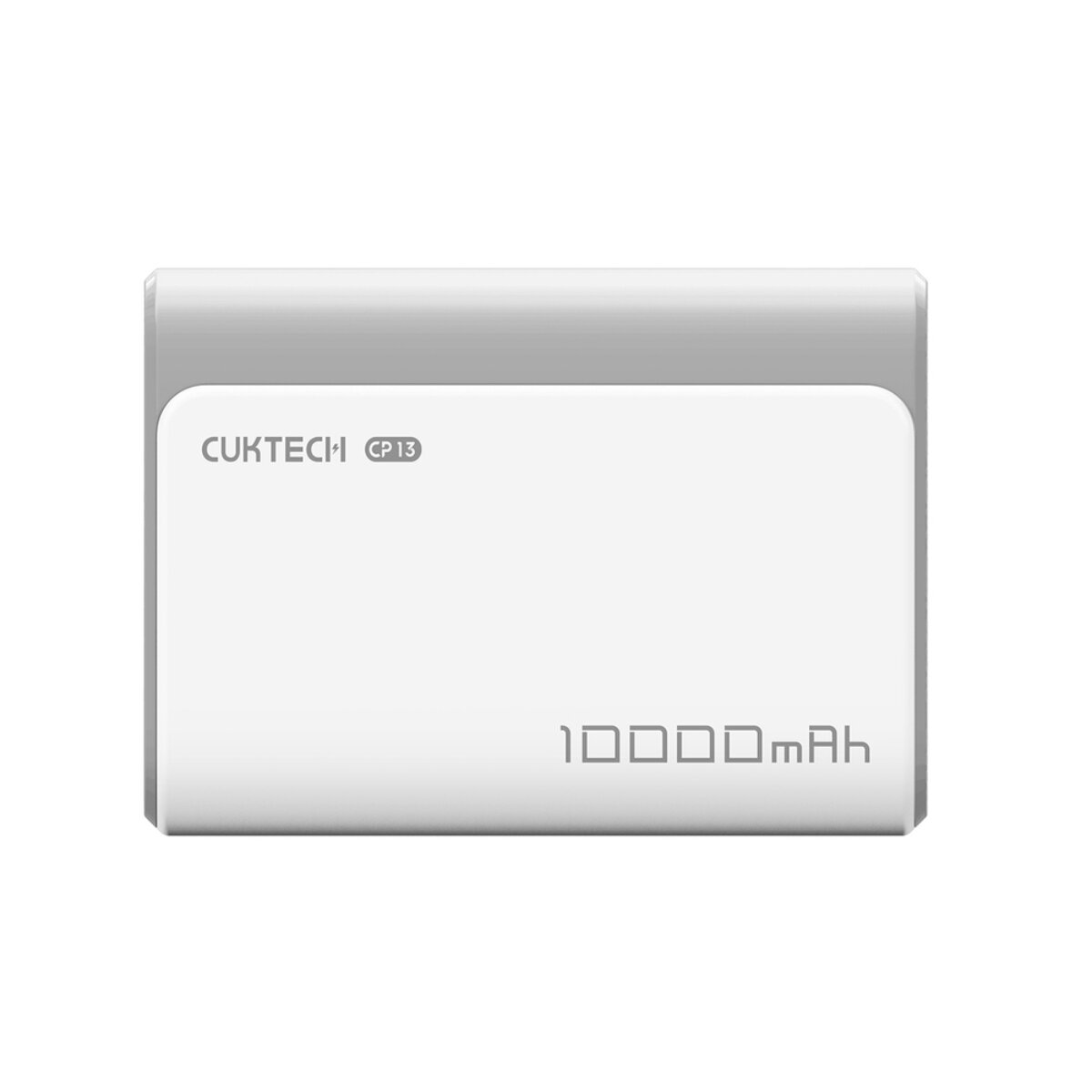 Eine weiße CUKTECH 10000mAh Powerbank mit abgerundeten Ecken auf hellem Hintergrund.