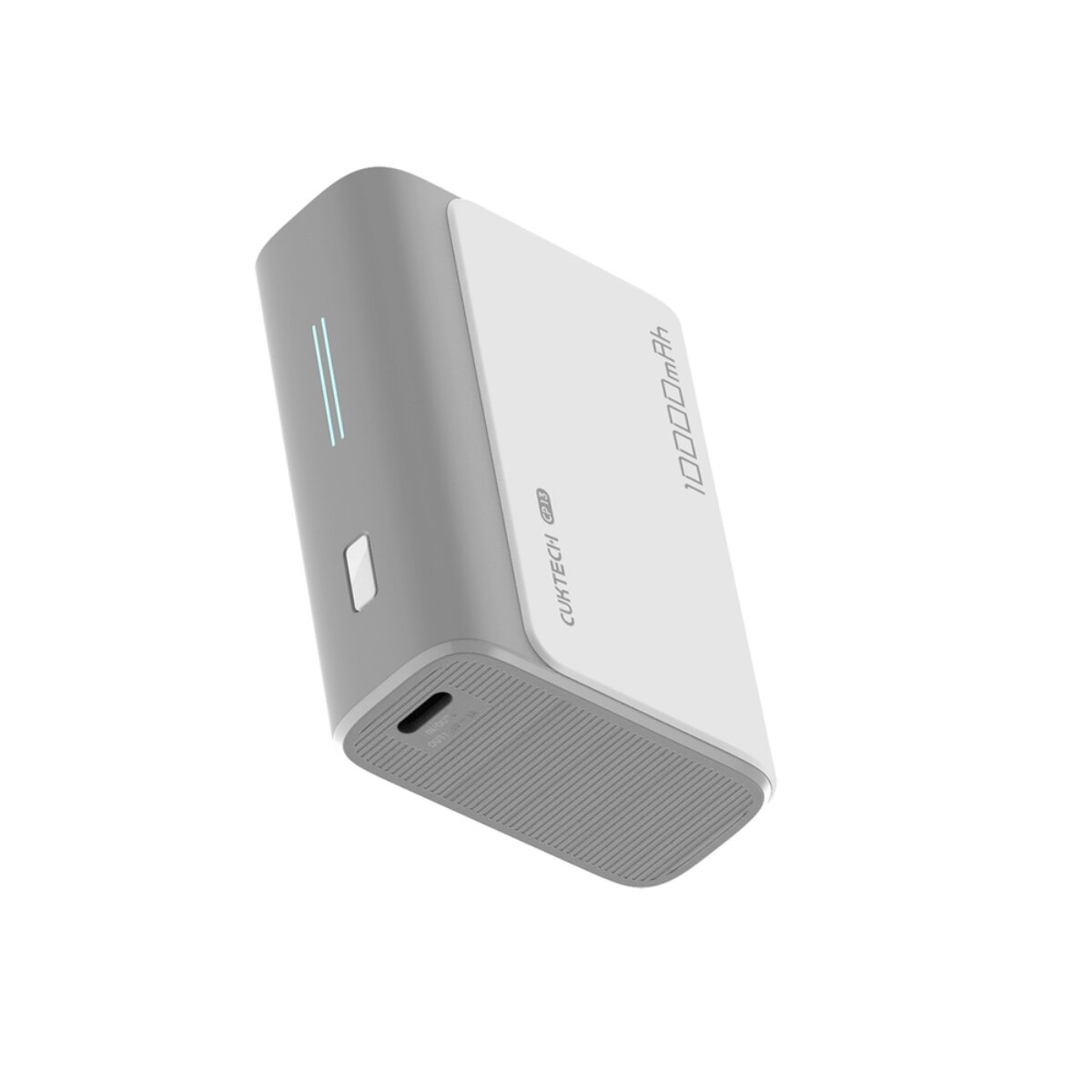 Eine graue und weiße 10000mAh Powerbank von Cuktech steht schräg auf weißem Grund.
