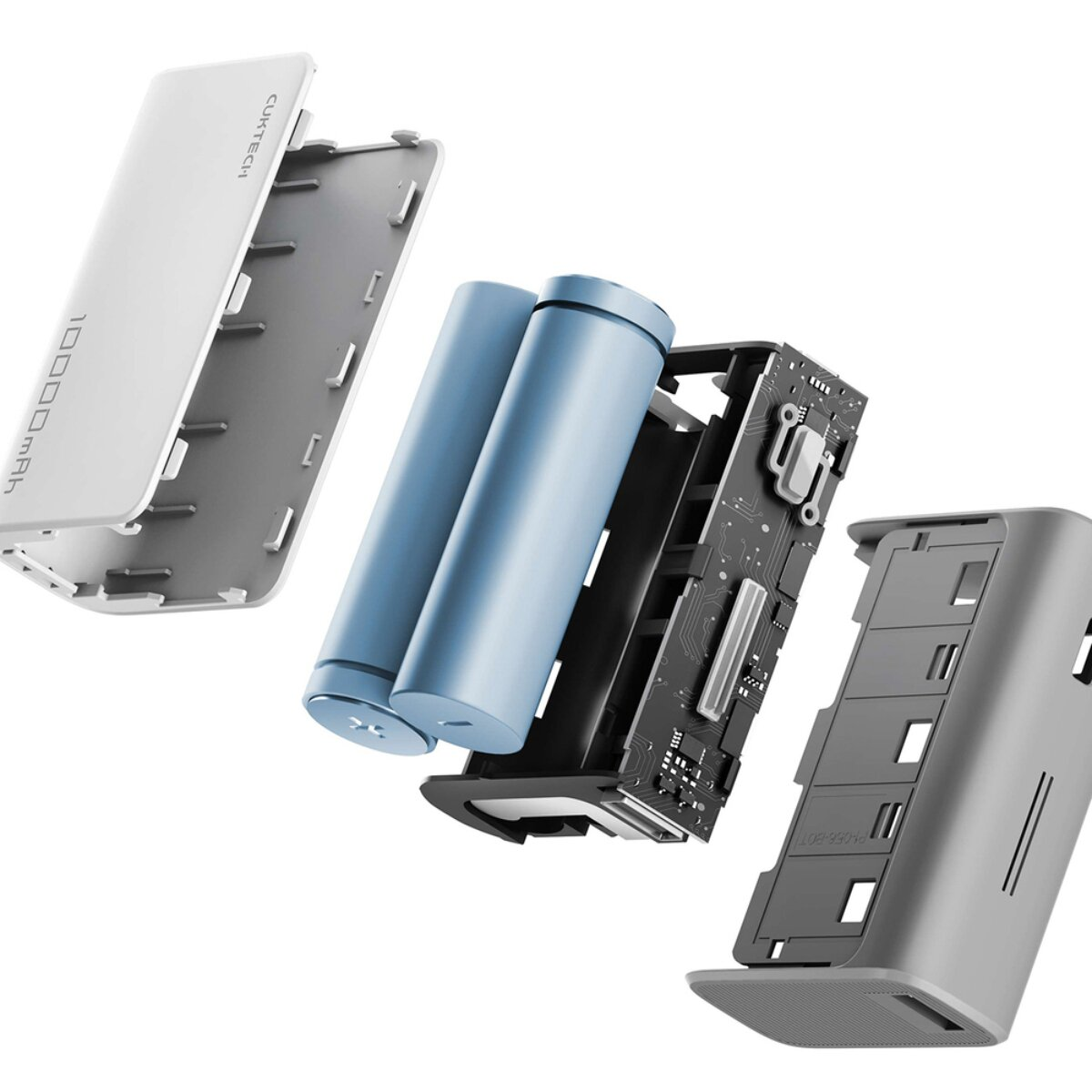 Explosionszeichnung einer weißen Powerbank mit blauen Akkus, Platine und Gehäuseteilen.