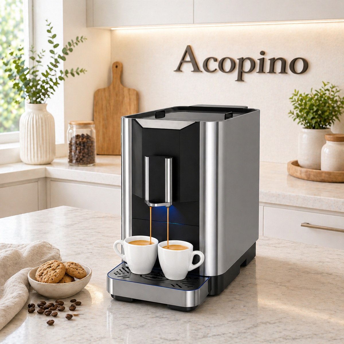 Edelstahl-Kaffeeautomat Acopino gießt Kaffee in zwei weiße Tassen auf Marmortresen.