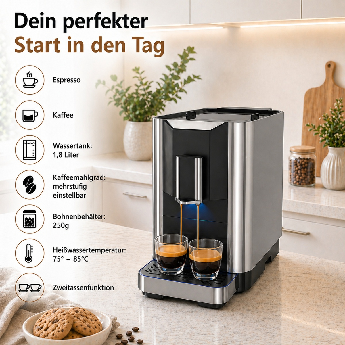 Moderne Kaffeemaschine auf einer Küchentheke mit zwei gefüllten Gläsern und Produkttexten an der Seite.