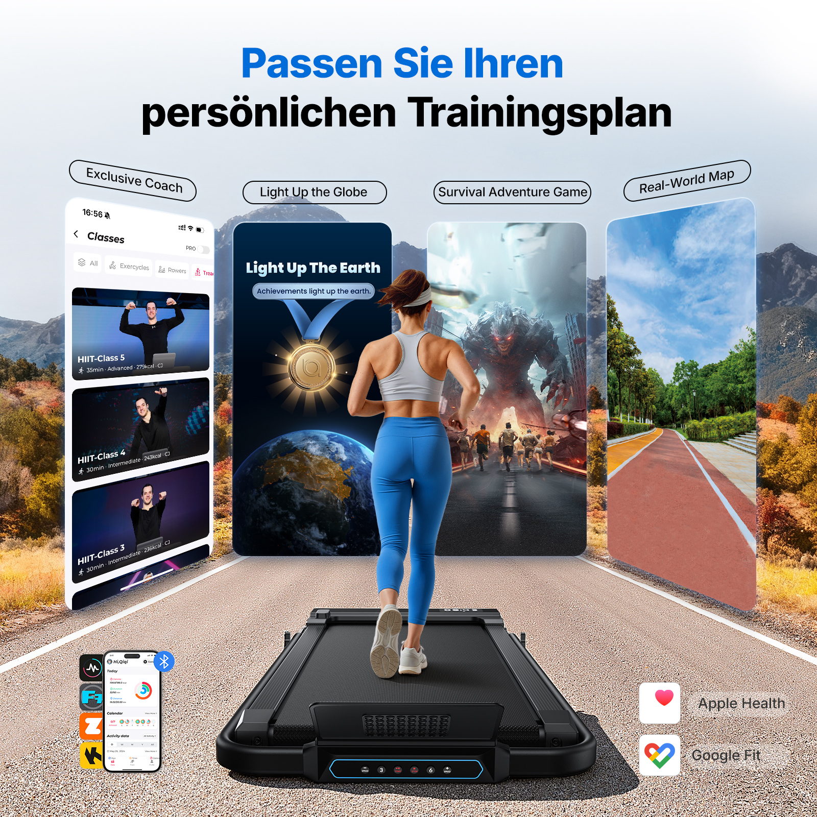 Eine Frau läuft auf einem Laufband, umgeben von App-Bildschirmen mit Kursen, Spielen und Outdoor-Karten.