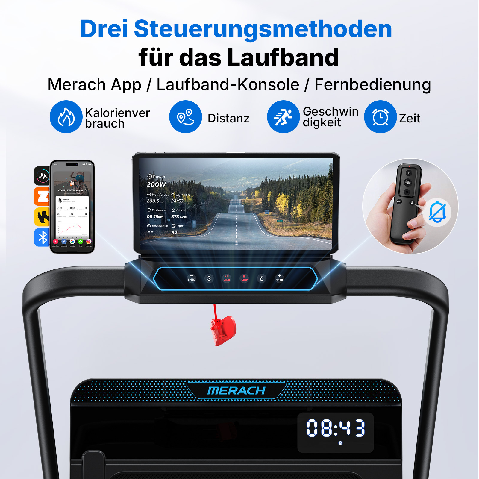 Laufband mit App, Konsole und Fernbedienung zur Steuerung von Kalorien, Distanz, Geschwindigkeit und Zeit.