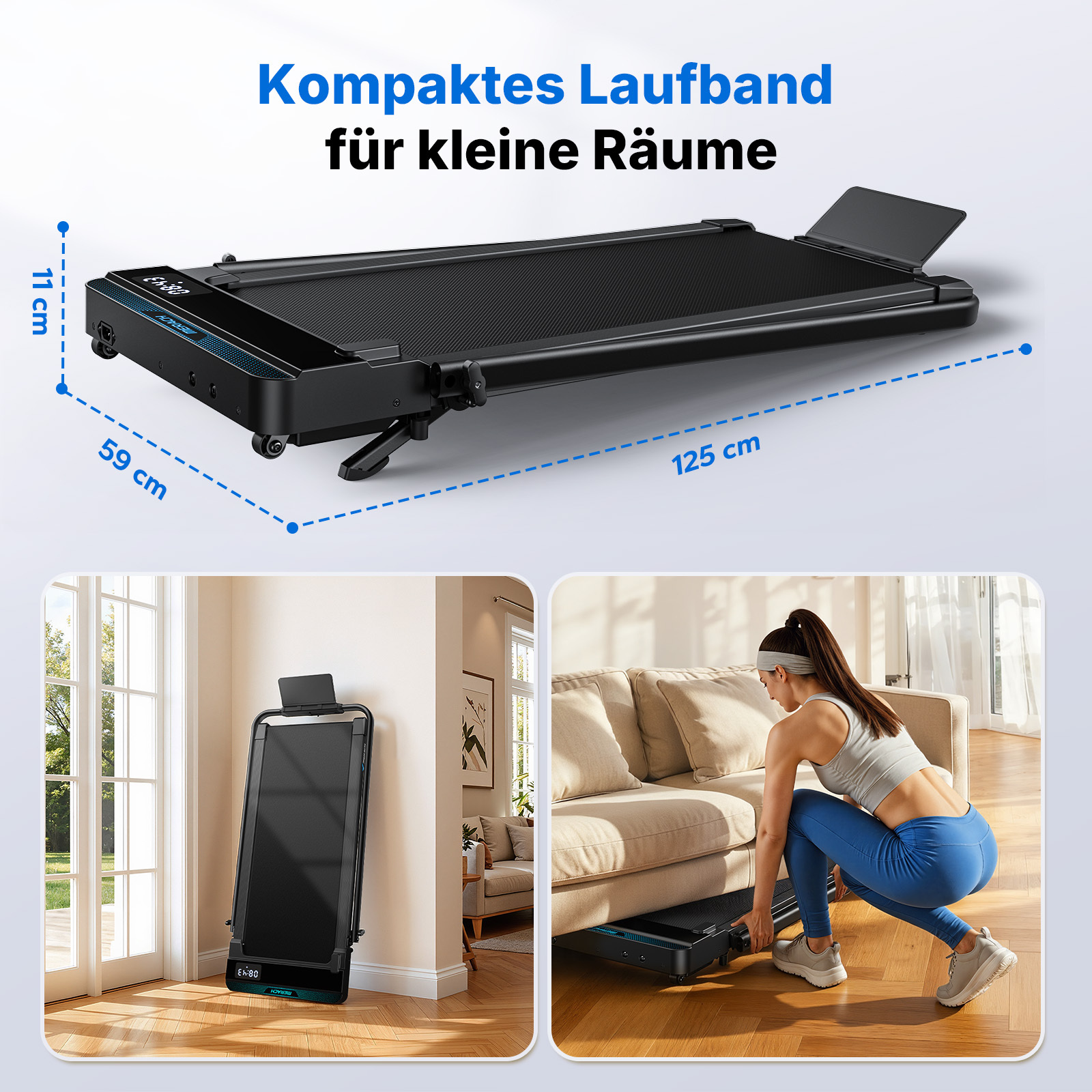 Kompaktes schwarzes Laufband, das platzsparend verstaut werden kann.