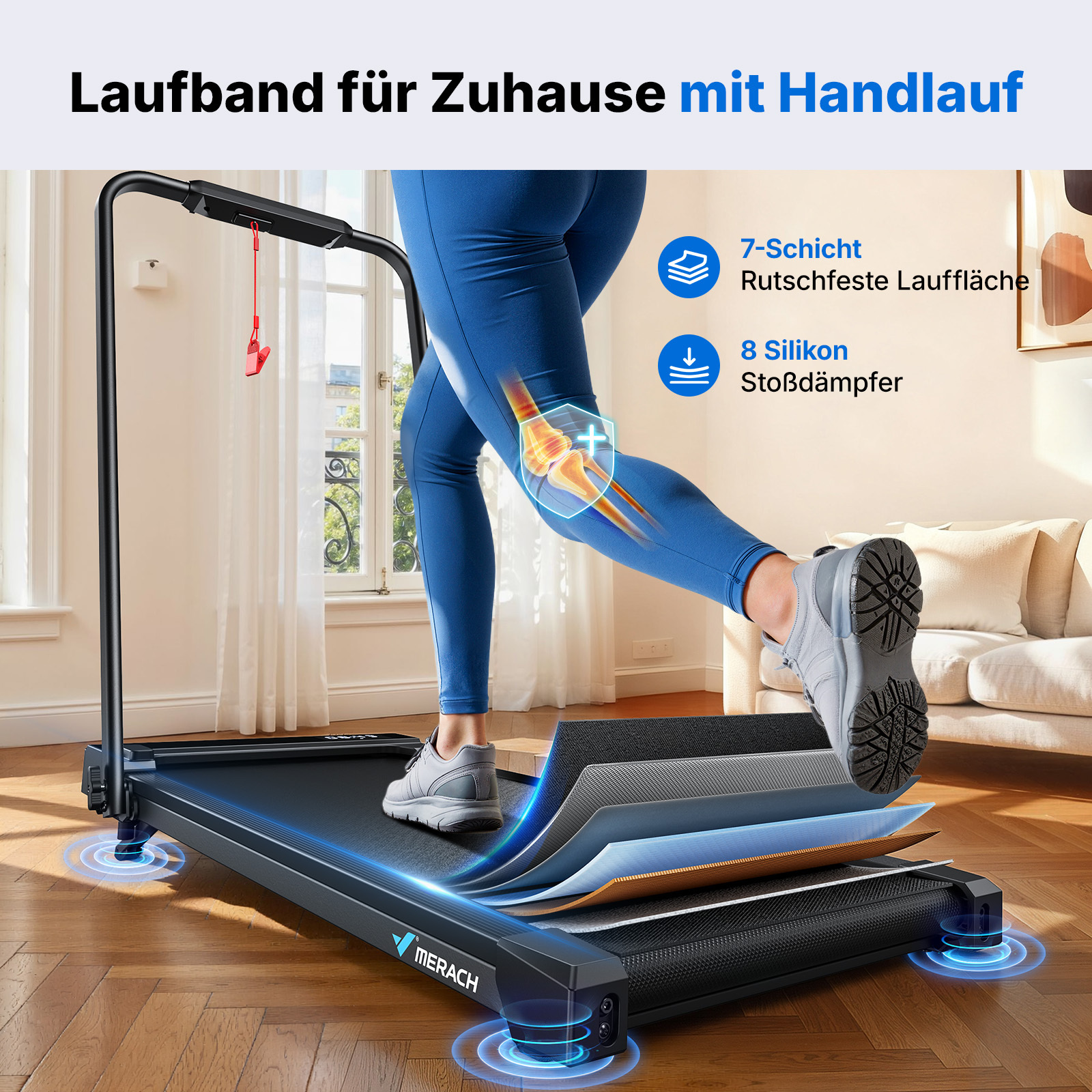 Person läuft auf einem klappbaren Laufband mit Schichten für Stossdämpfung und Rutschfestigkeit.